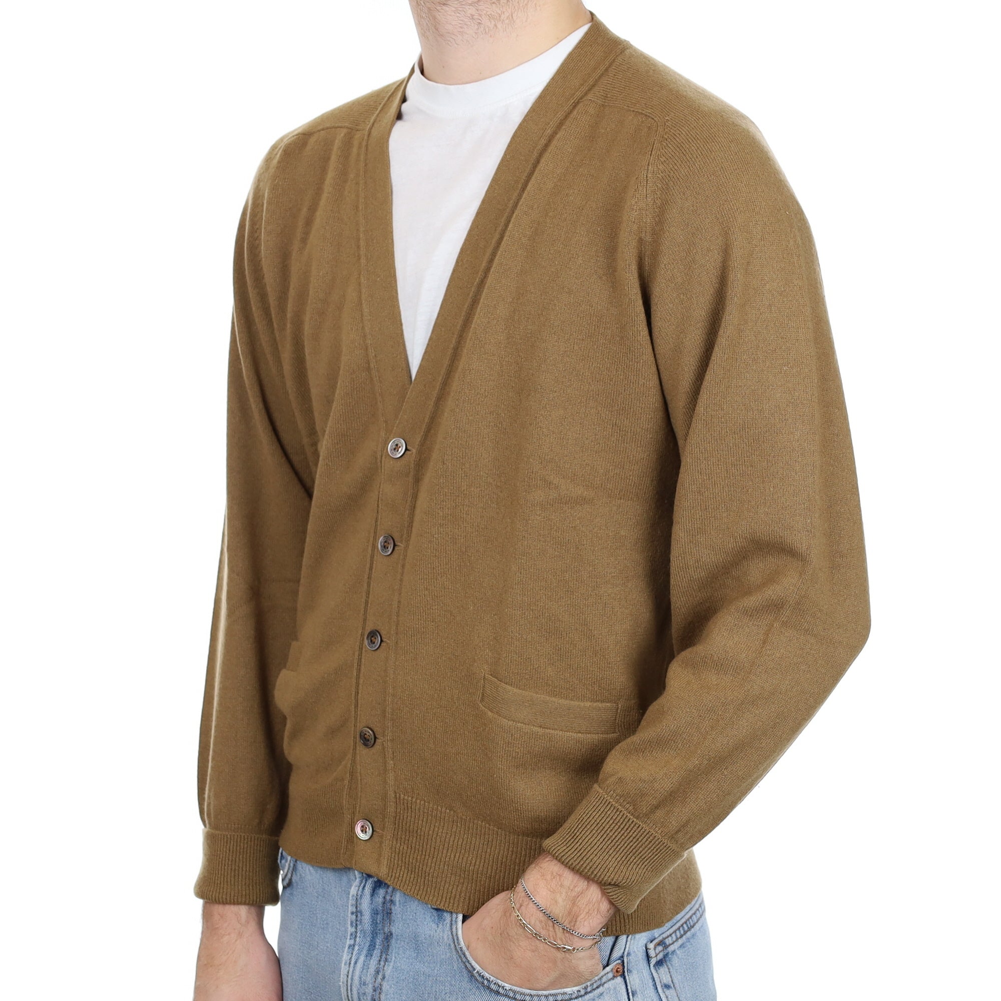 Men's Butterscotch Brown Cashmere V Neck Cardigan with Pockets Large