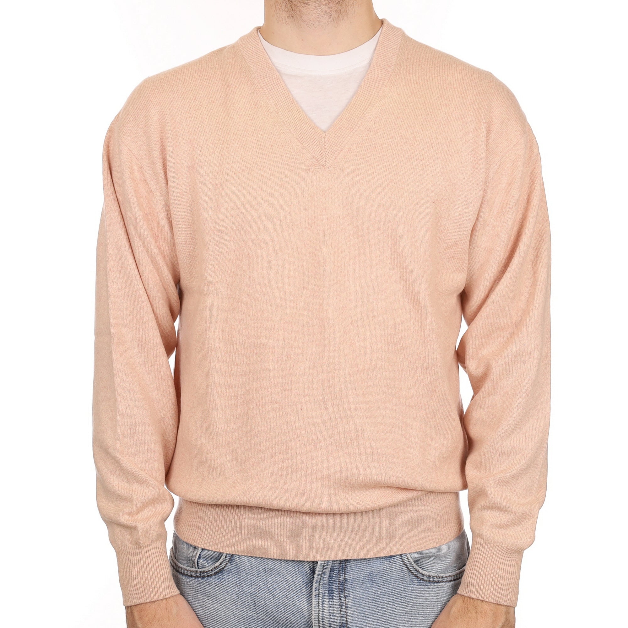 Men's Buff Pink Cashmere V Neck Jumper Large