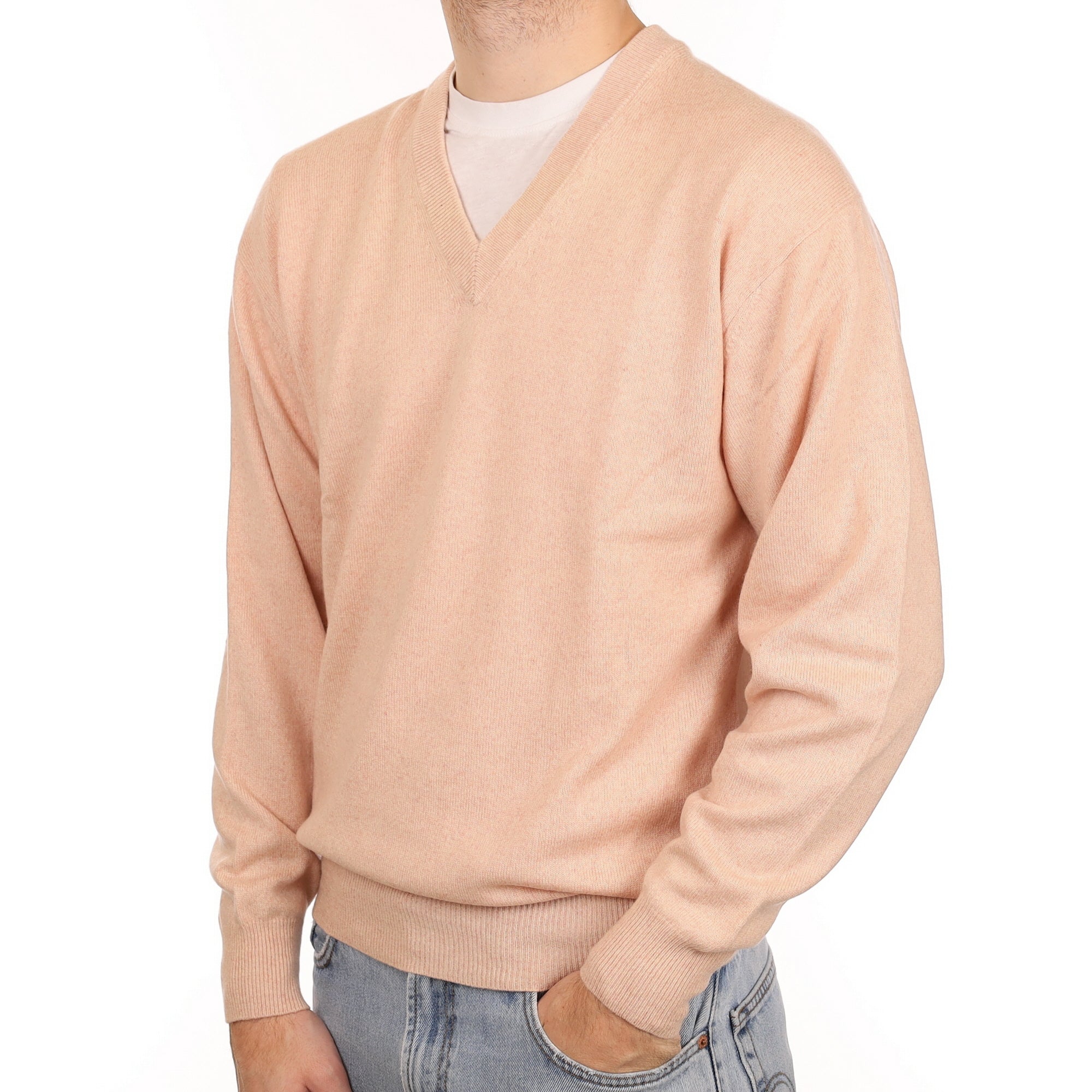 Men's Buff Pink Cashmere V Neck Jumper Large