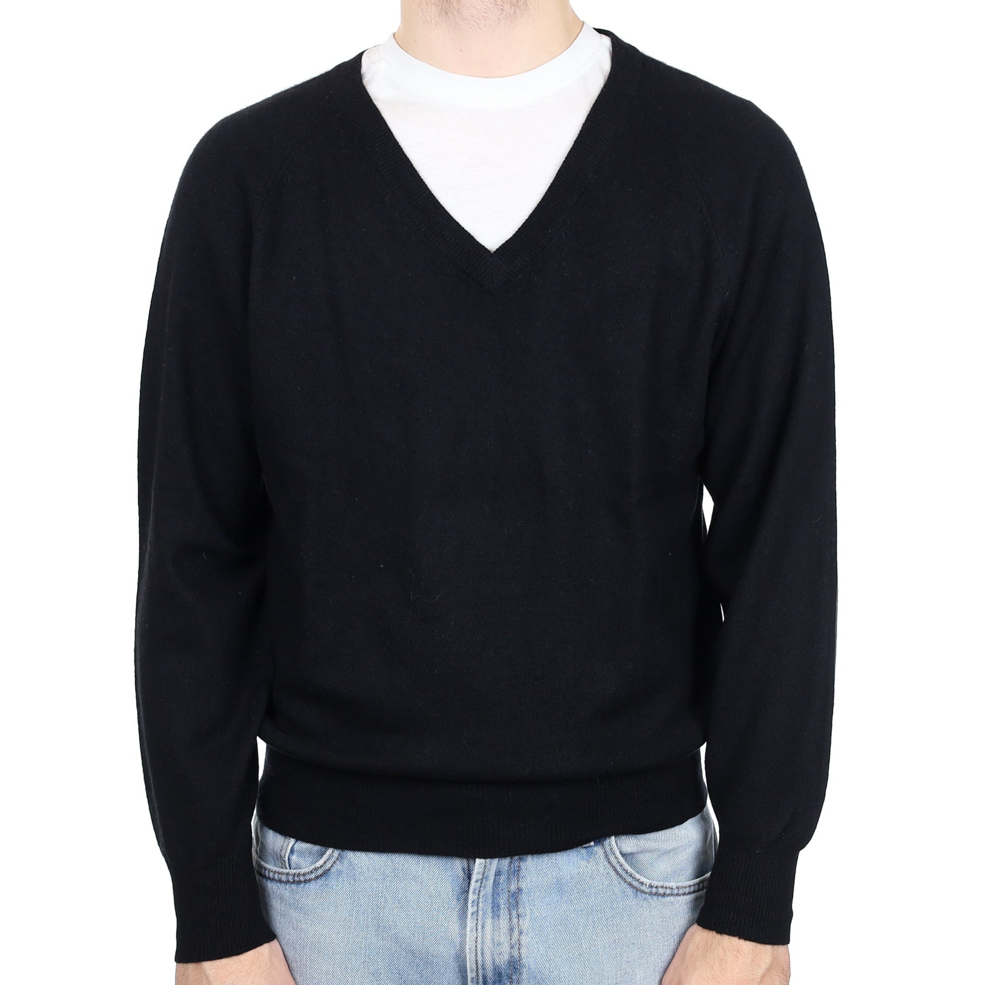 Men's Black Cashmere V Neck Jumper Large