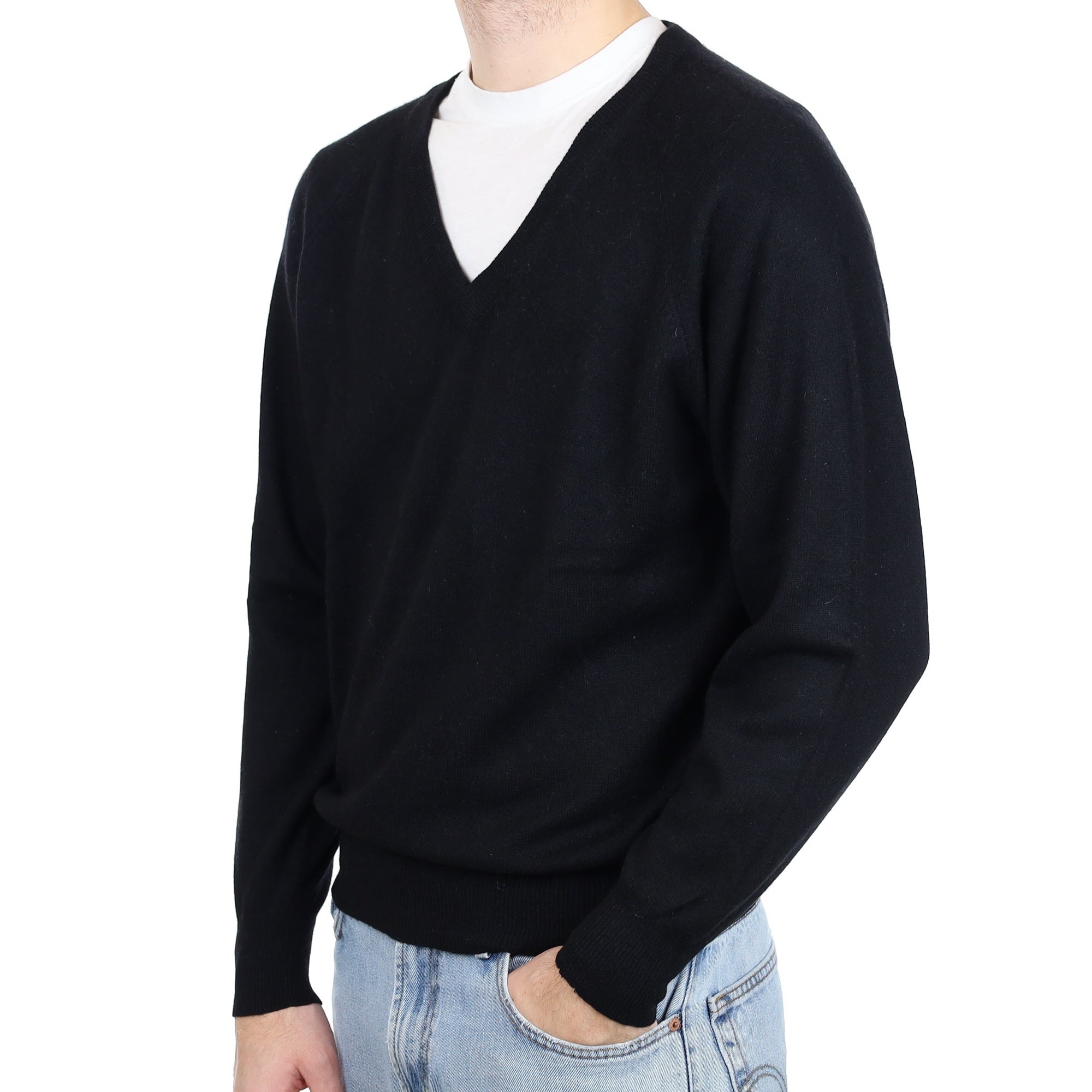 Men's Black Cashmere V Neck Jumper Large