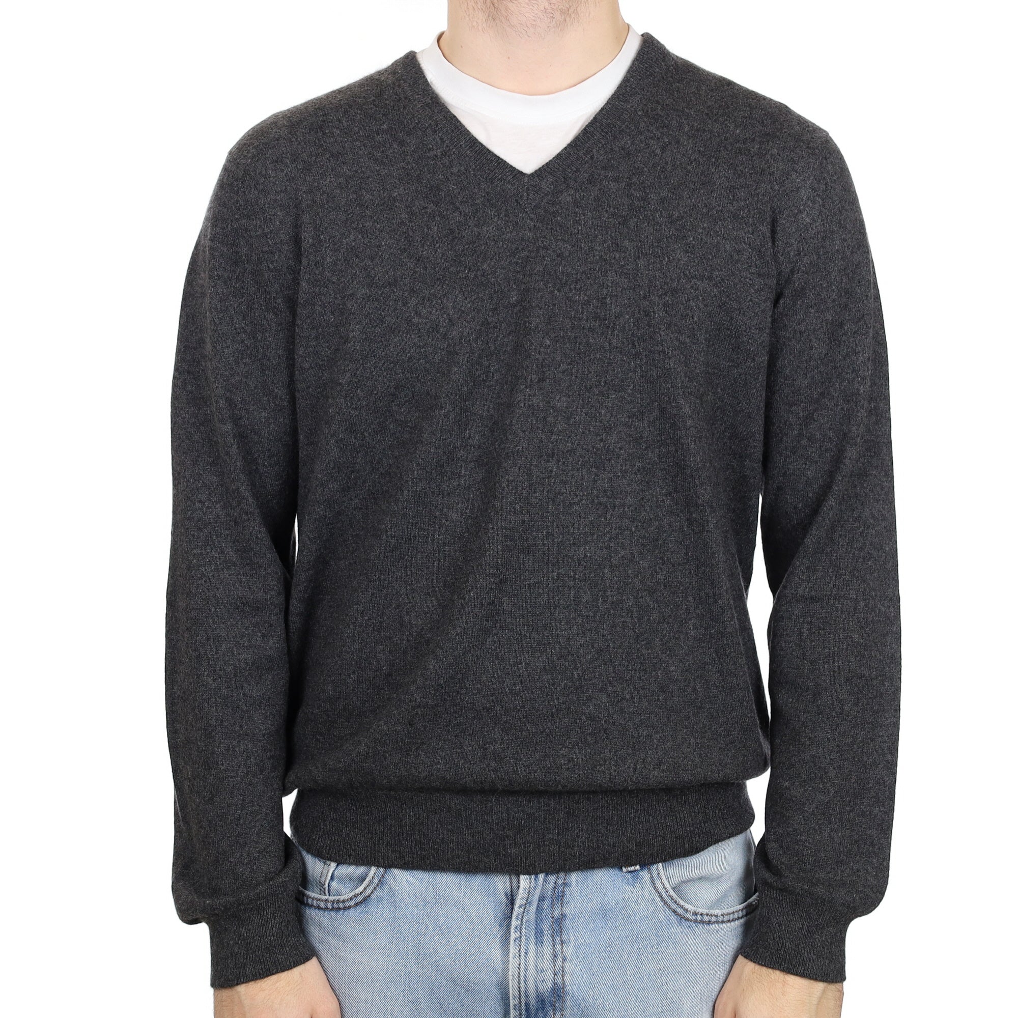 Men's Charcoal Grey Cashmere V Neck Jumper Large