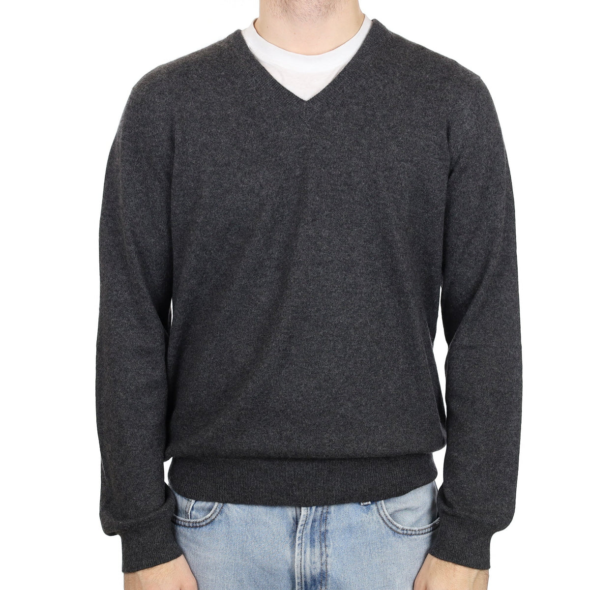 Men's Charcoal Grey Cashmere V Neck Jumper Large
