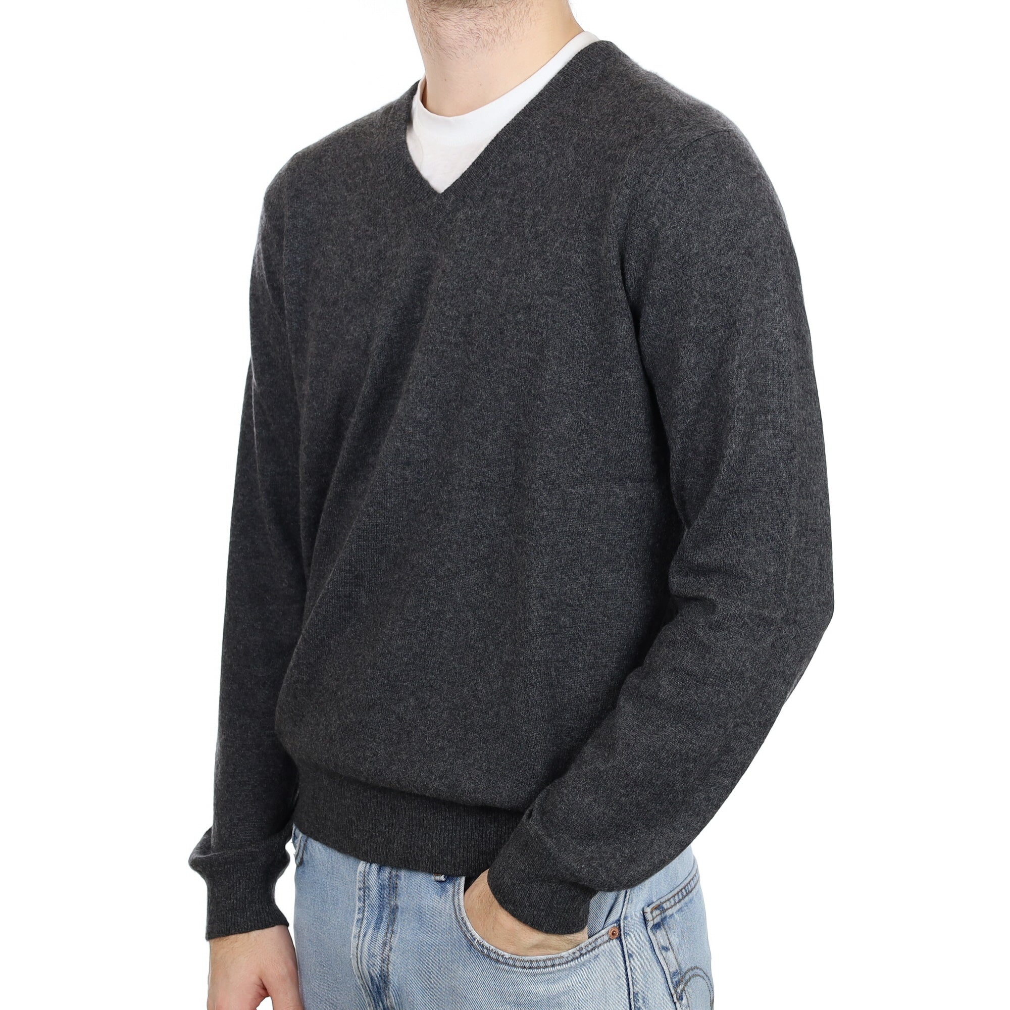 Men's Charcoal Grey Cashmere V Neck Jumper Large