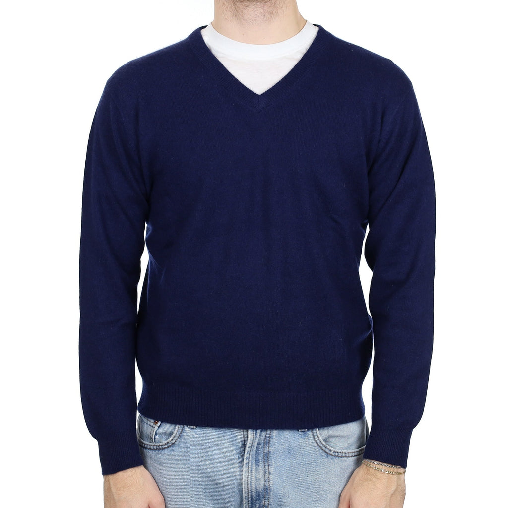Men's Navy Blue Cashmere V Neck Jumper Large