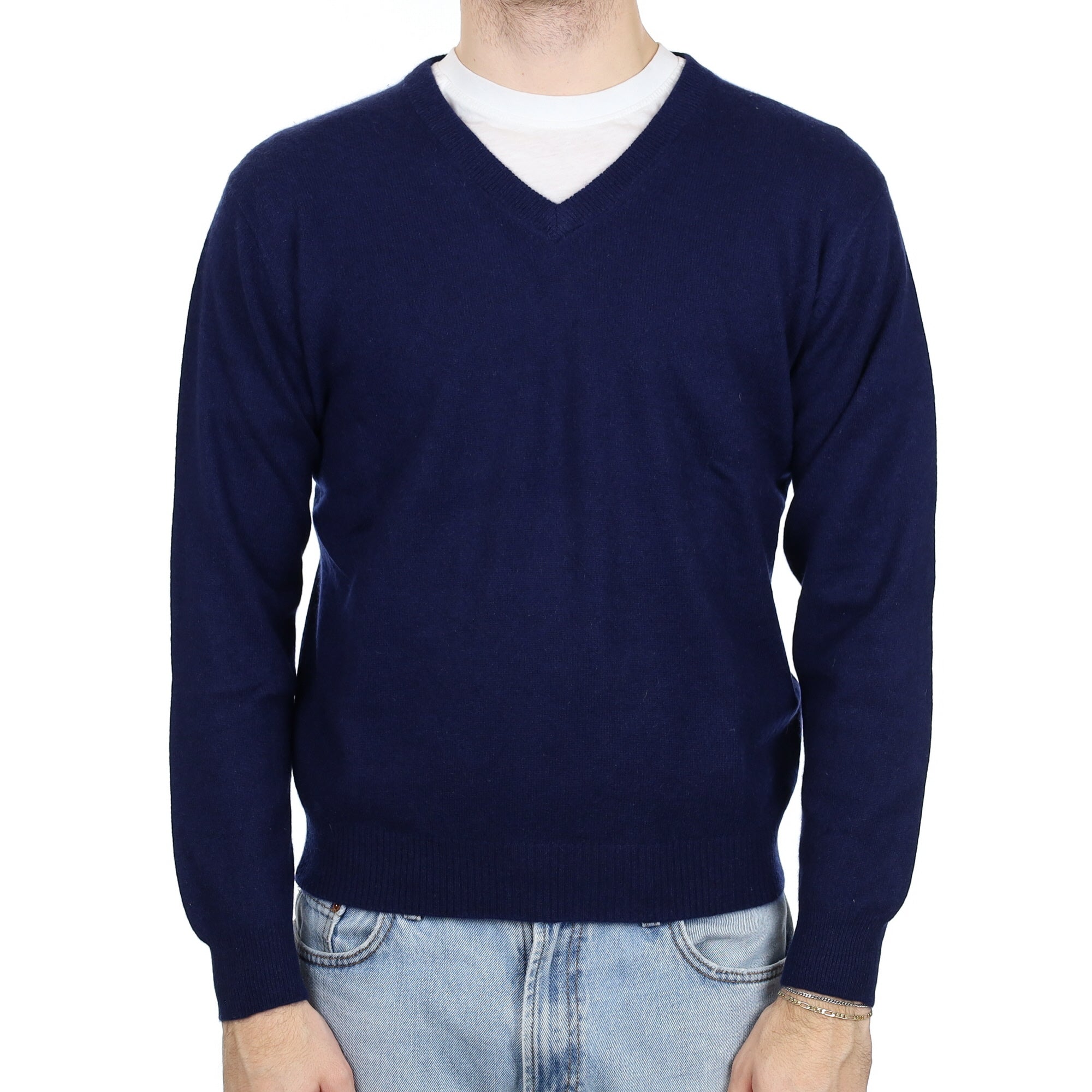 Men's Navy Blue Cashmere V Neck Jumper Large