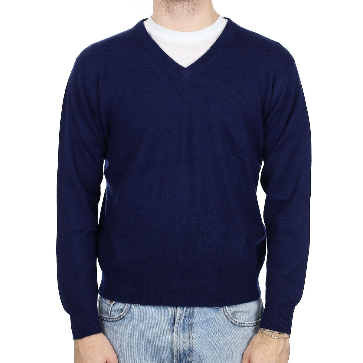 Men's Navy Blue Cashmere V Neck Jumper Large