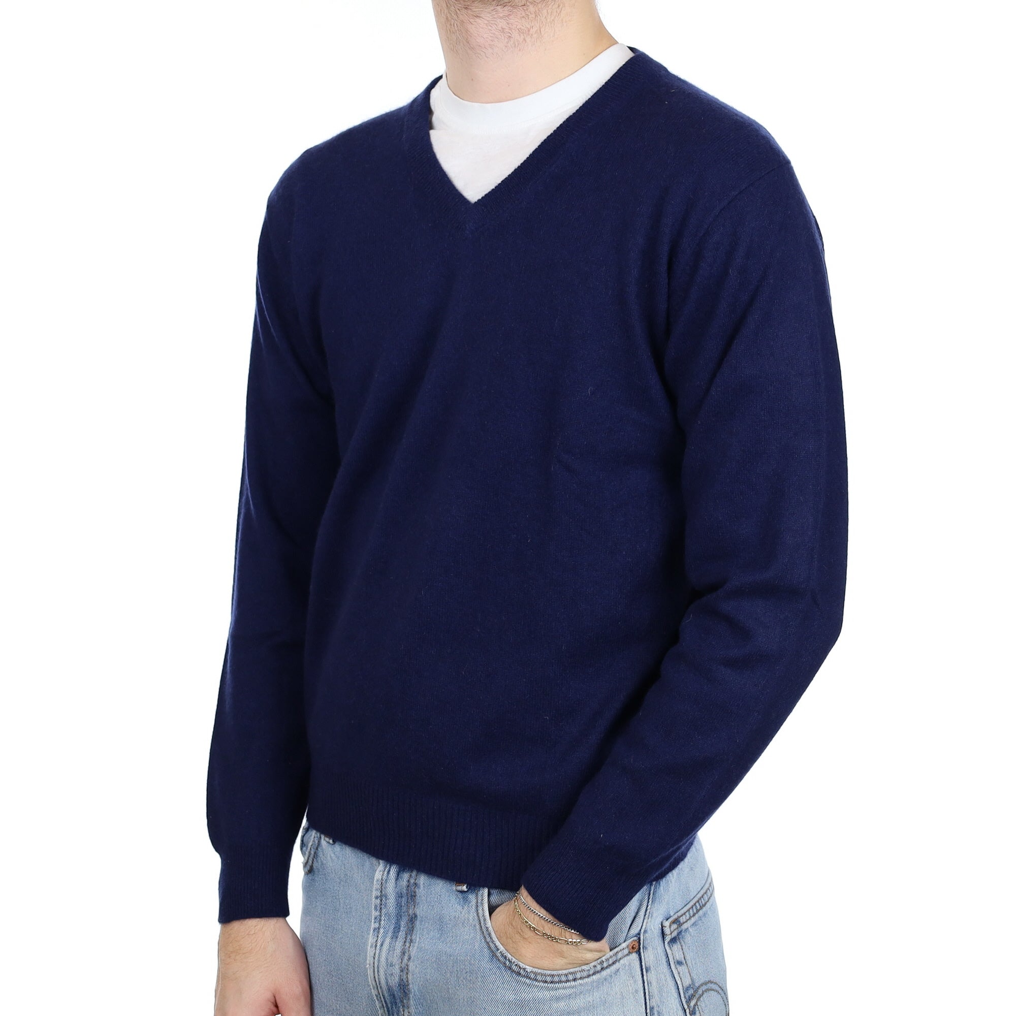 Men's Navy Blue Cashmere V Neck Jumper Large