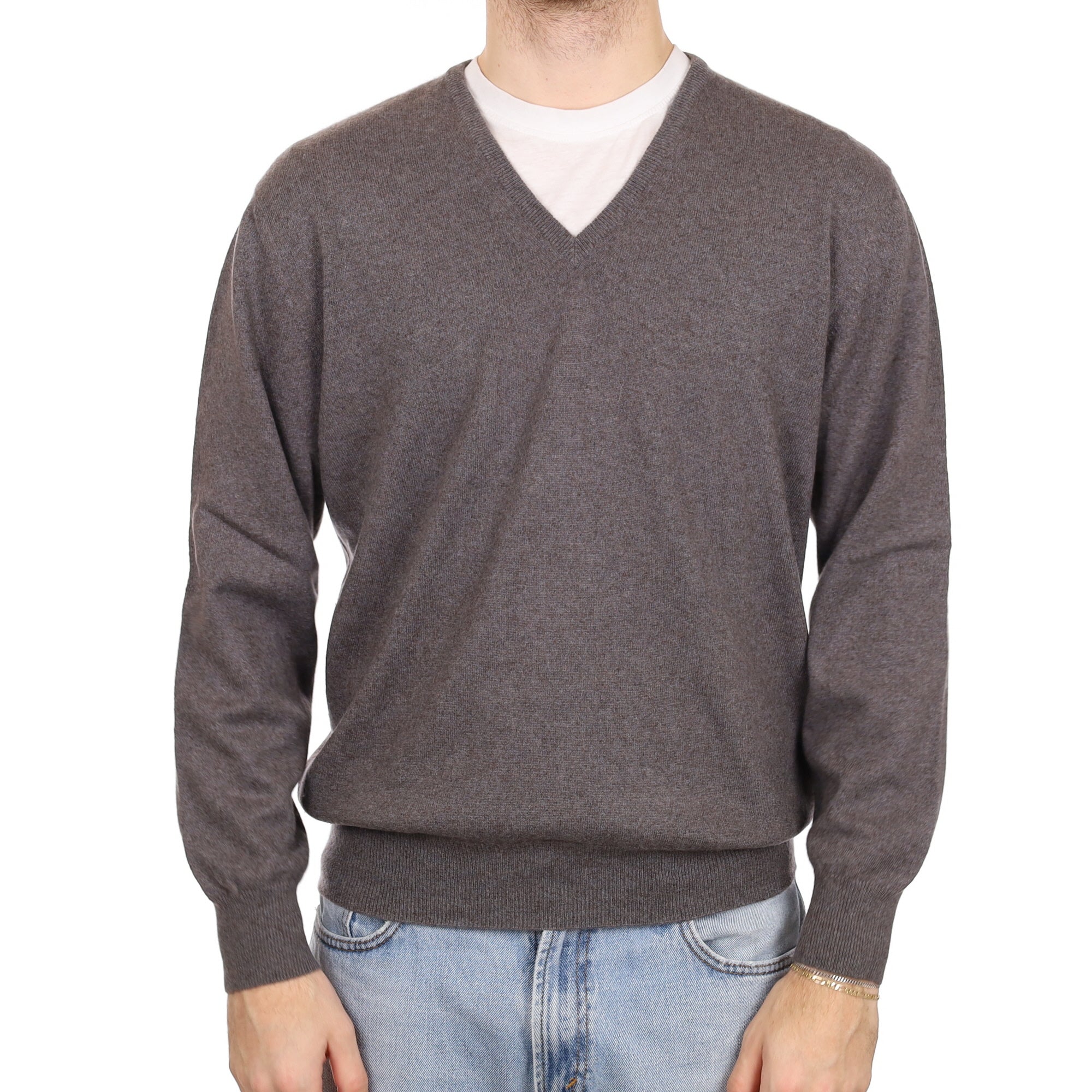 Men's Loro Piana Mole Brown Cashmere V Neck Jumper Large