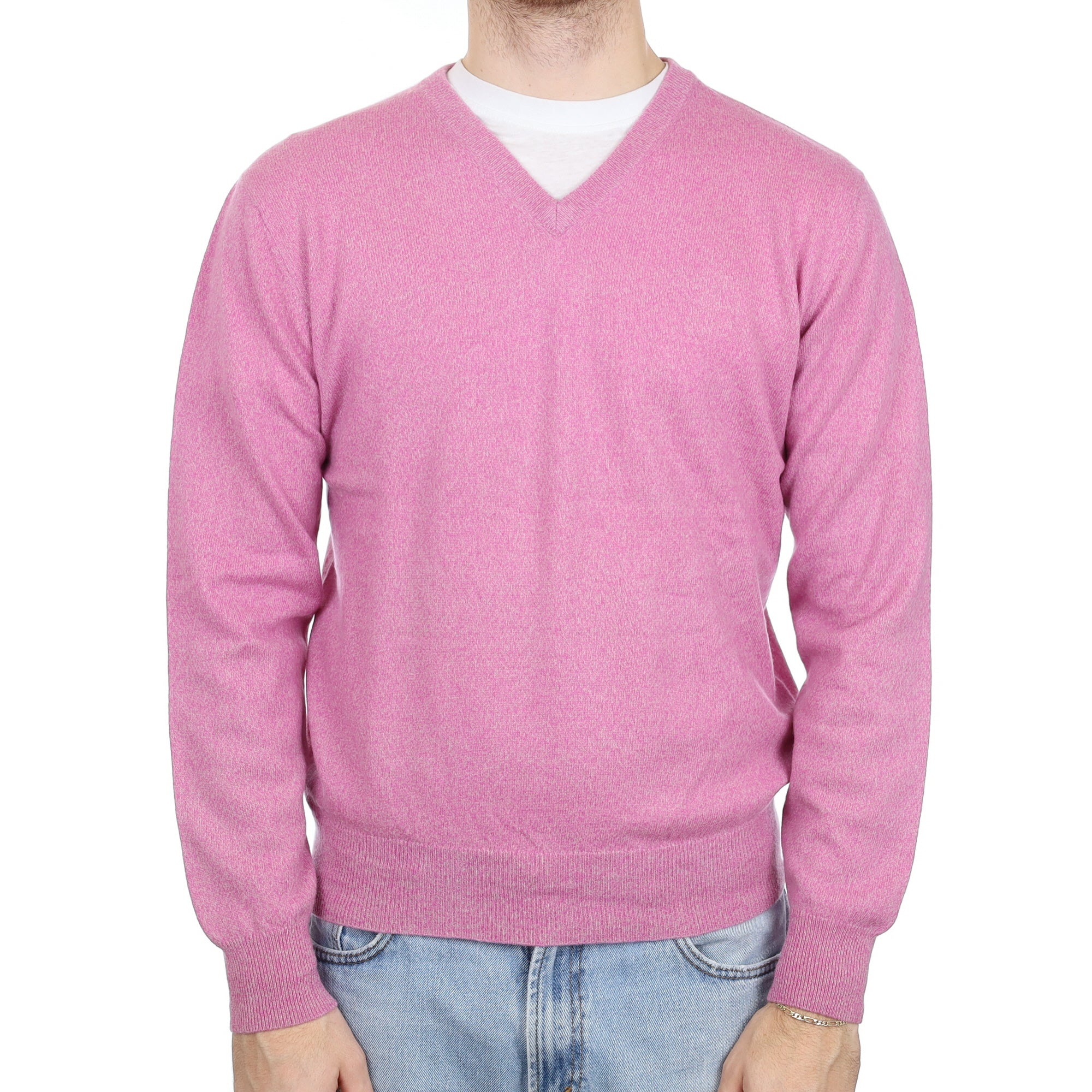 Men's Candy Pink Marl Cashmere V Neck Jumper Large