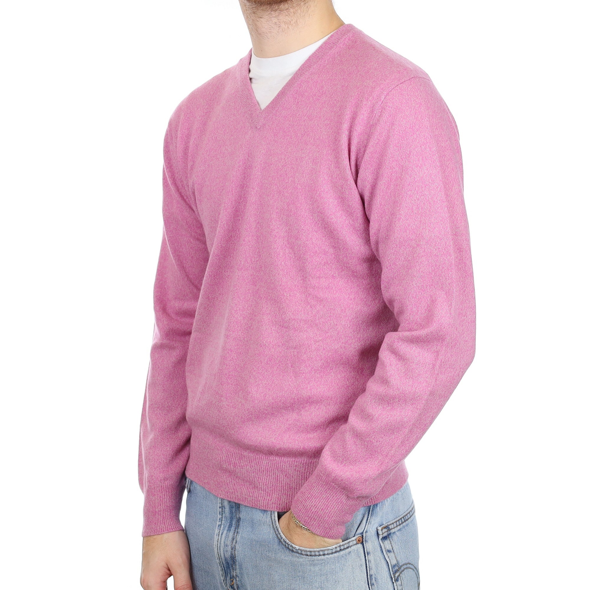 Men's Candy Pink Marl Cashmere V Neck Jumper Large