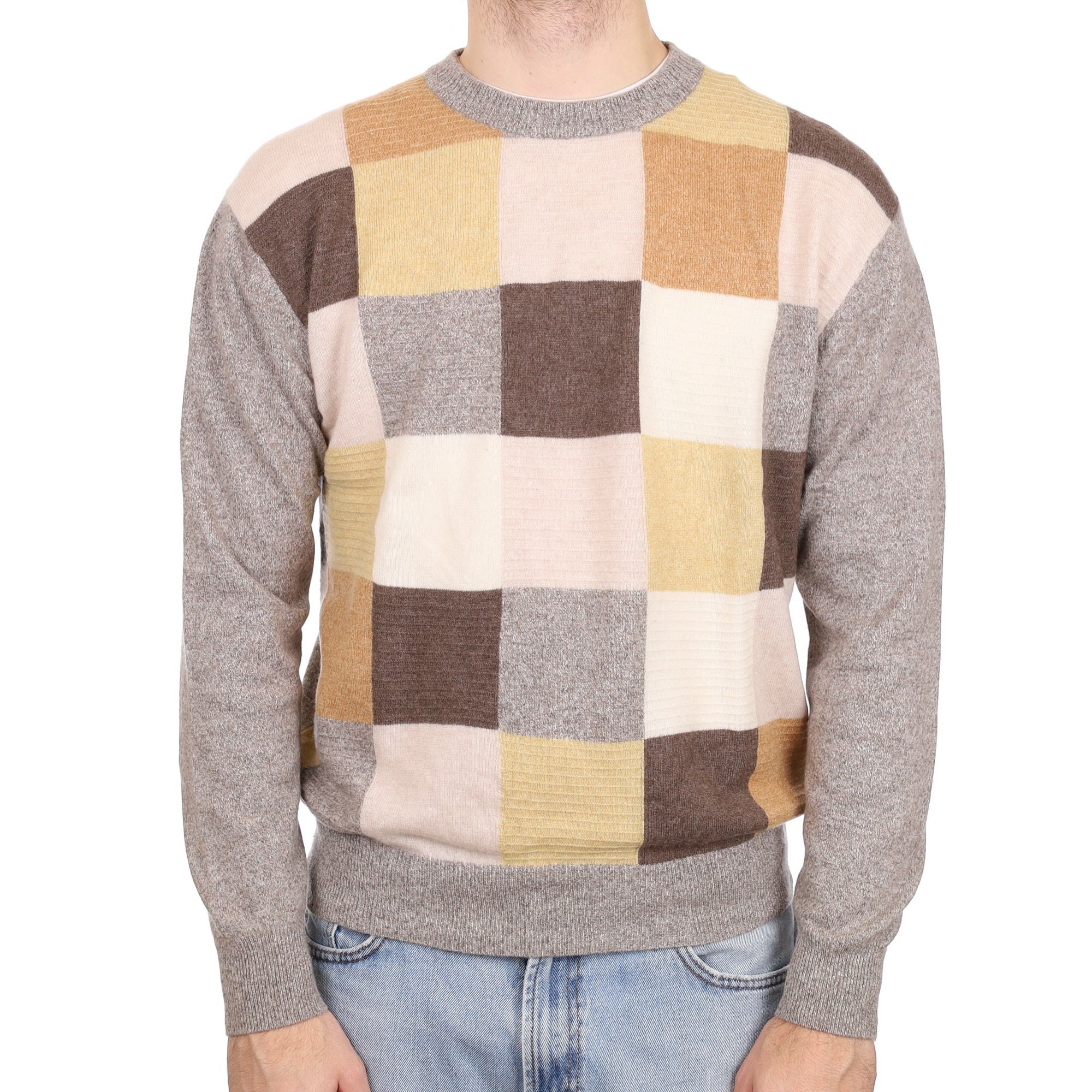 Men's Mink and Mustard Check Cashmere Crew Neck Jumper Large