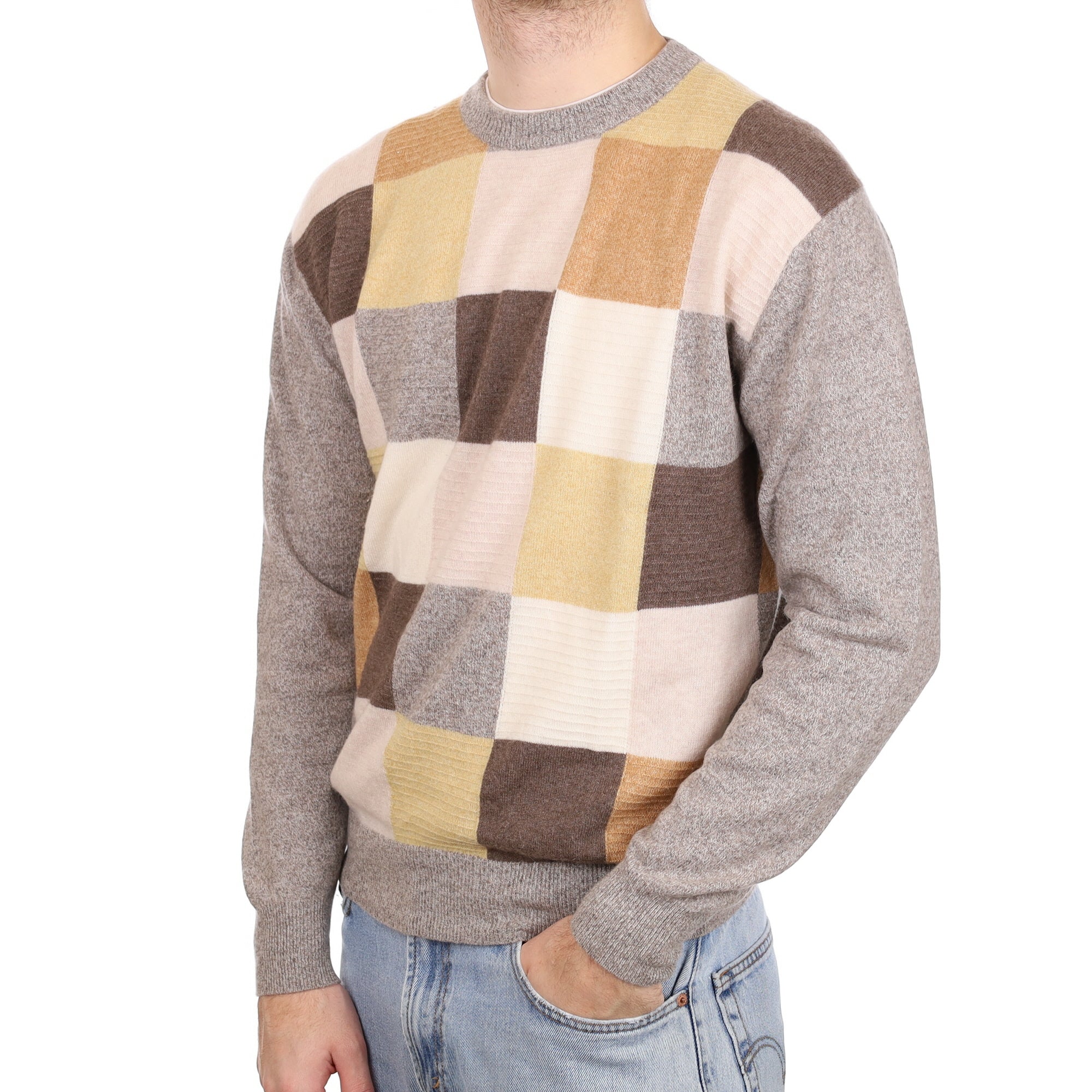 Men's Mink and Mustard Check Cashmere Crew Neck Jumper Large