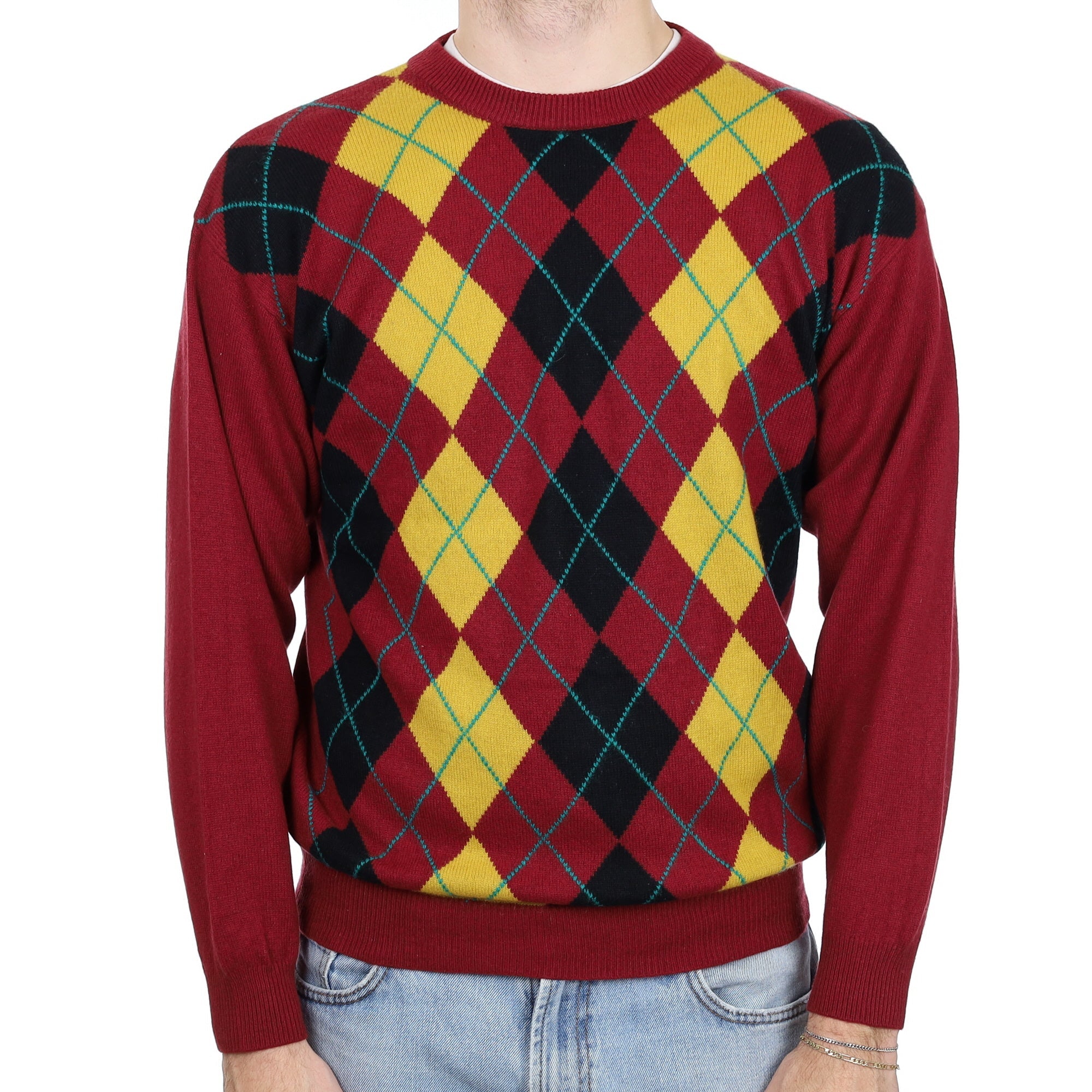 Men's Maroon and Yellow Diamond Cashmere Crew Neck Jumper Large
