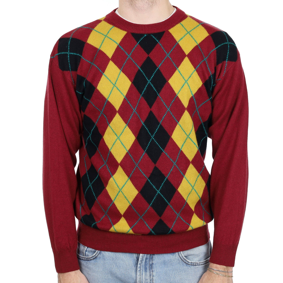 Men's Maroon and Yellow Diamond Cashmere Crew Neck Jumper Large