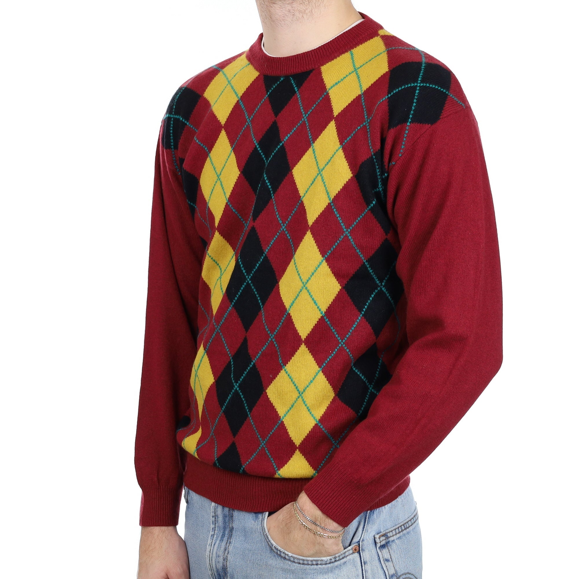Men's Maroon and Yellow Diamond Cashmere Crew Neck Jumper Large