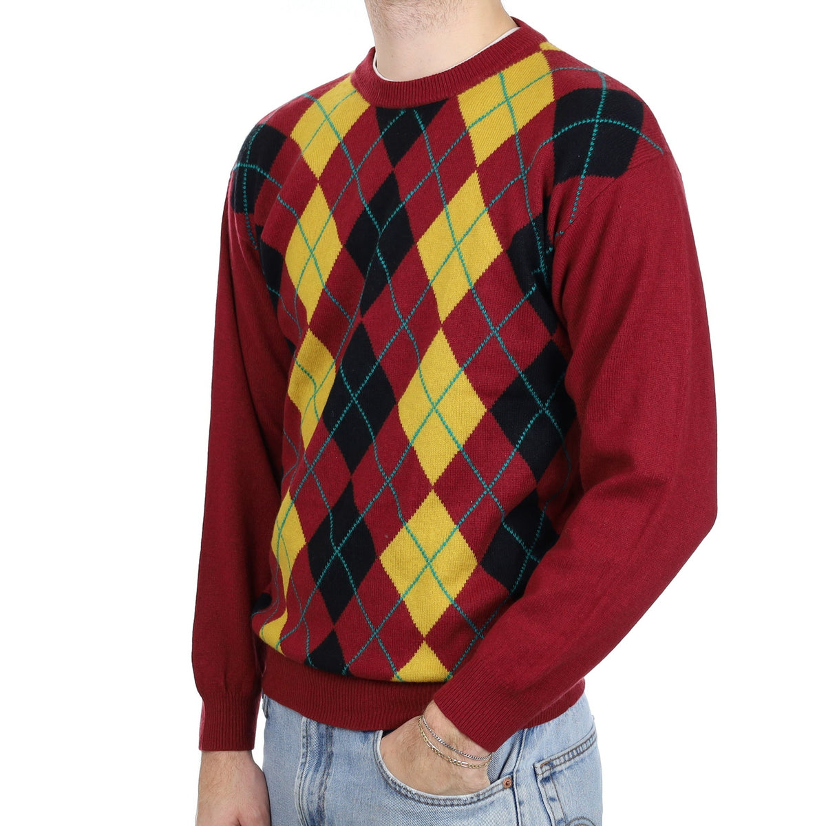 Men's Maroon and Yellow Diamond Cashmere Crew Neck Jumper Large