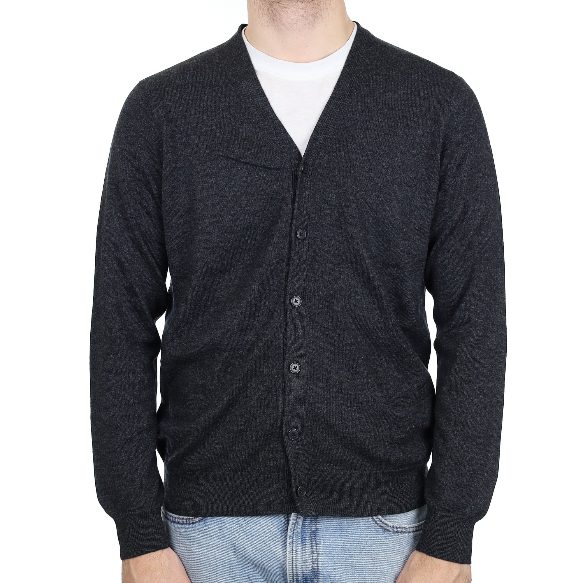 Men's Charcoal Grey Cashmere V Neck Cardigan with Pockets Large