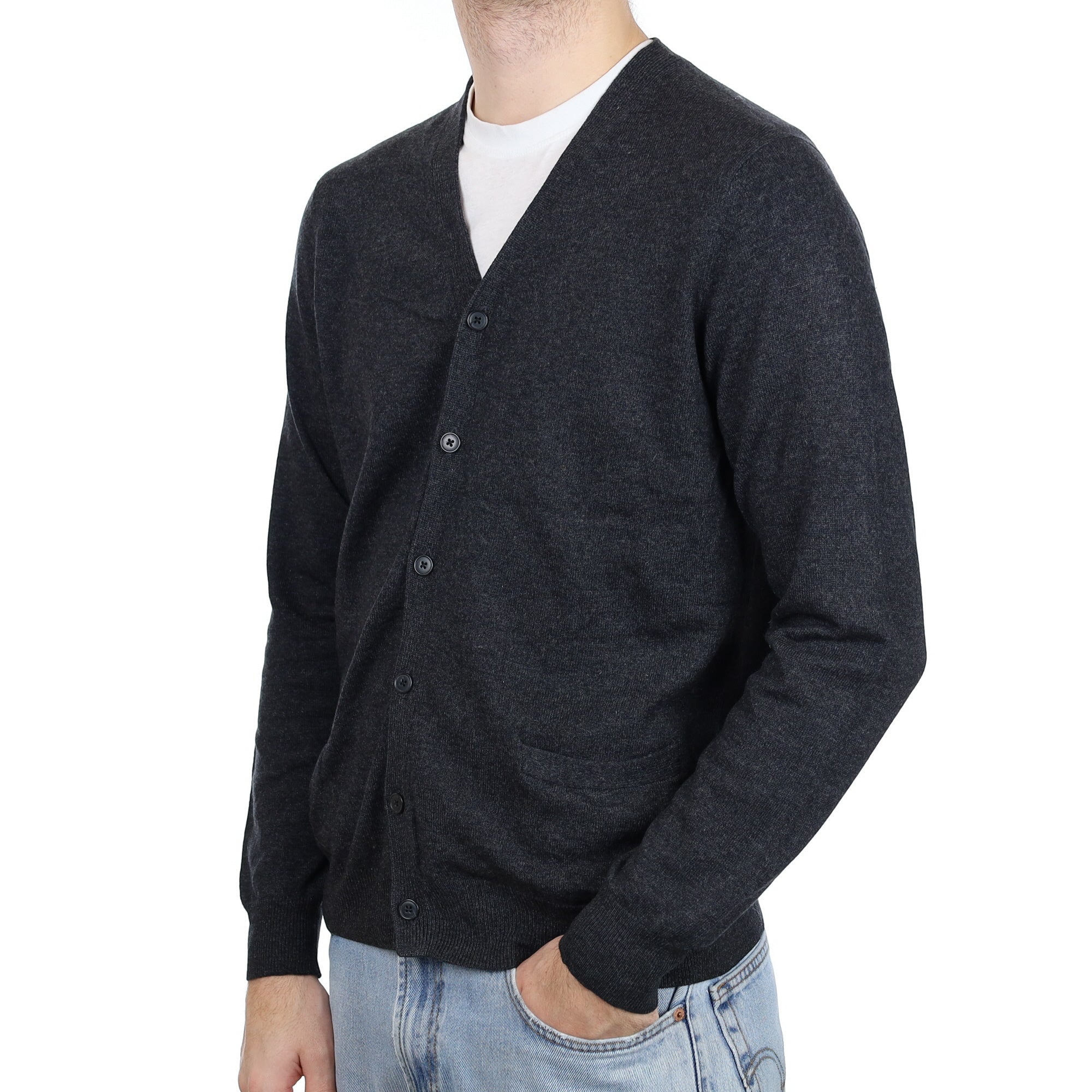 Men's Charcoal Grey Cashmere V Neck Cardigan with Pockets Large