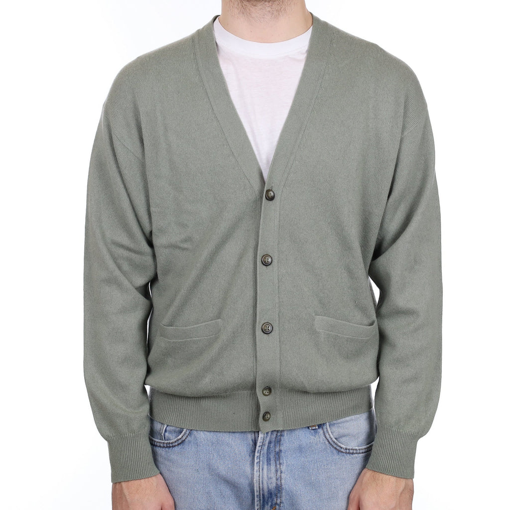 Men's Sage Green Cashmere V Neck Cardigan with Pockets Large