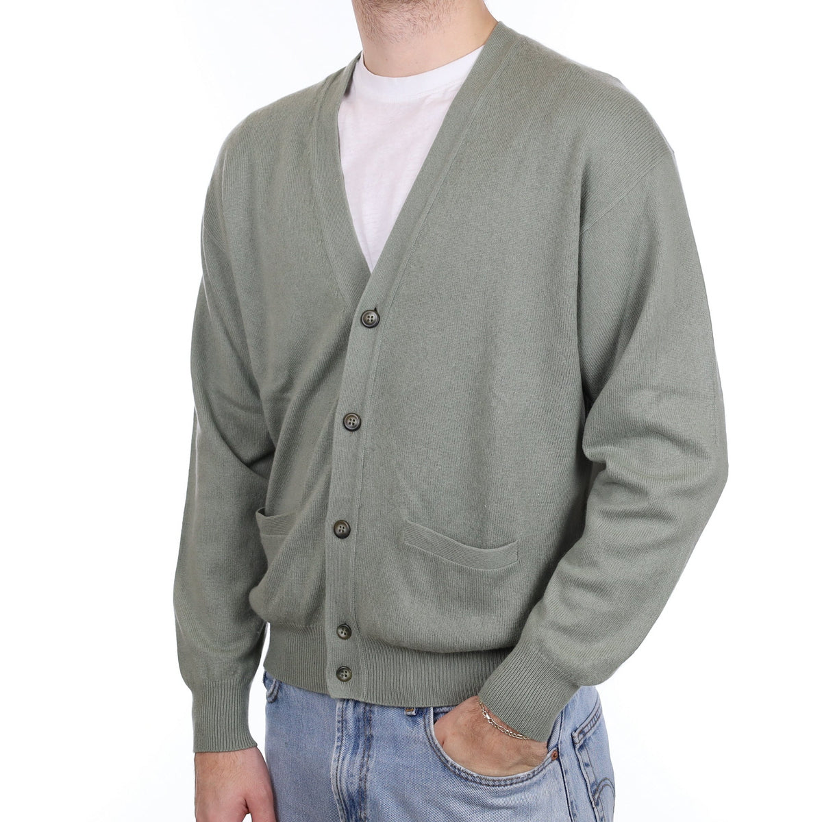 Men's Sage Green Cashmere V Neck Cardigan with Pockets Large