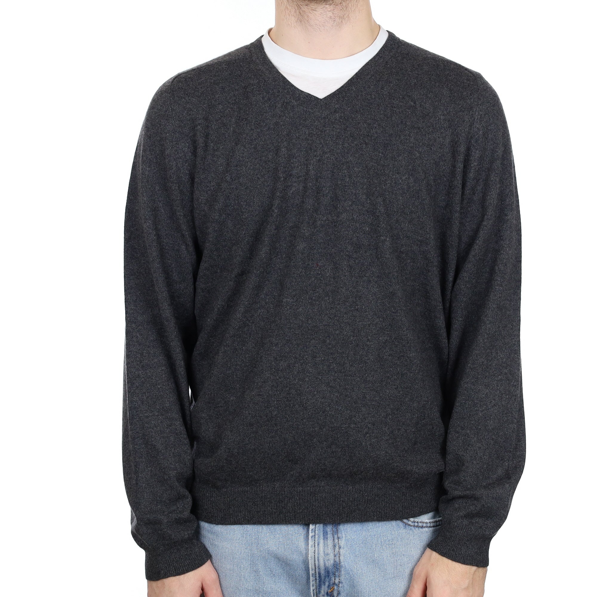 Men's Charcoal Grey Cashmere V Neck Jumper Large