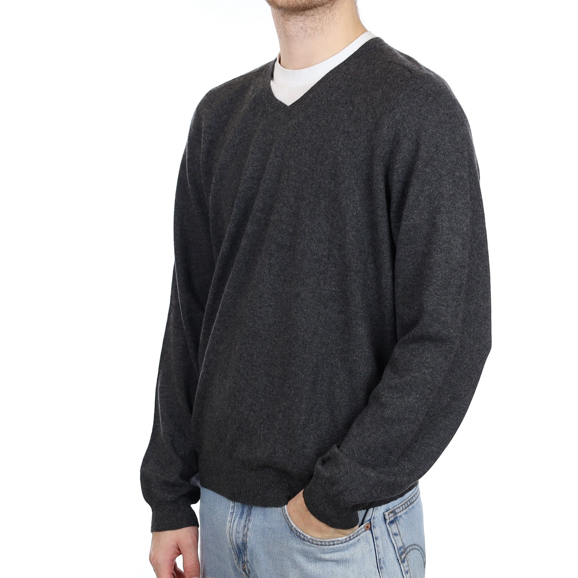 Men's Charcoal Grey Cashmere V Neck Jumper Large