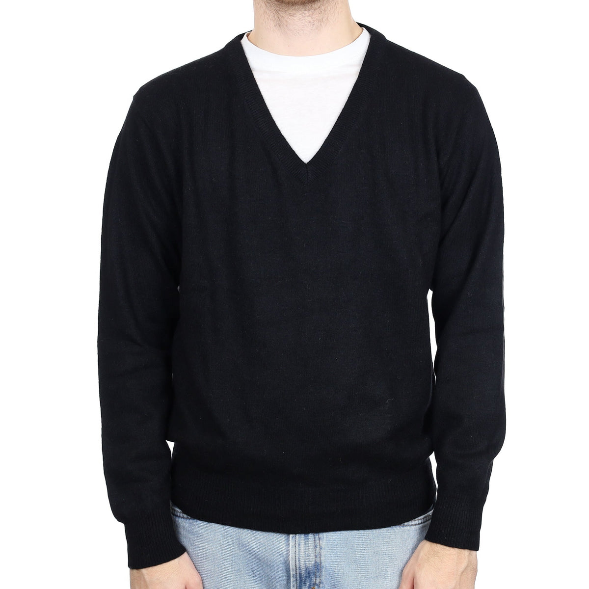 Men's Black Cashmere V Neck Jumper Large