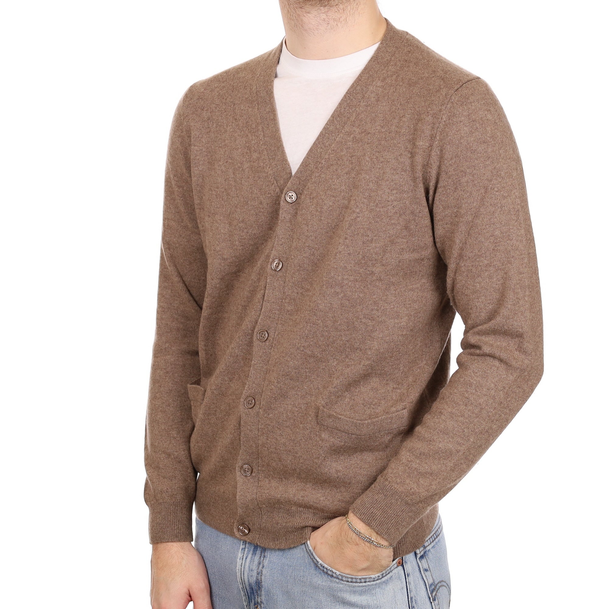 Men's Mocha Brown Cashmere V Neck Cardigan with Pockets Large