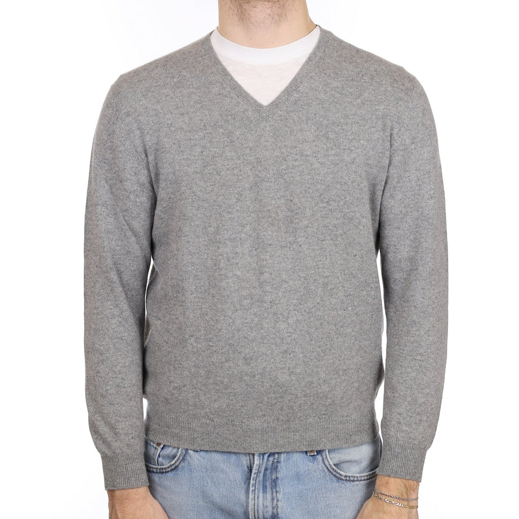 Men's Ash Grey Cashmere V Neck Jumper Large