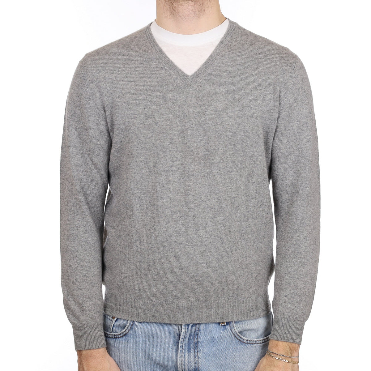 Men's Ash Grey Cashmere V Neck Jumper Large