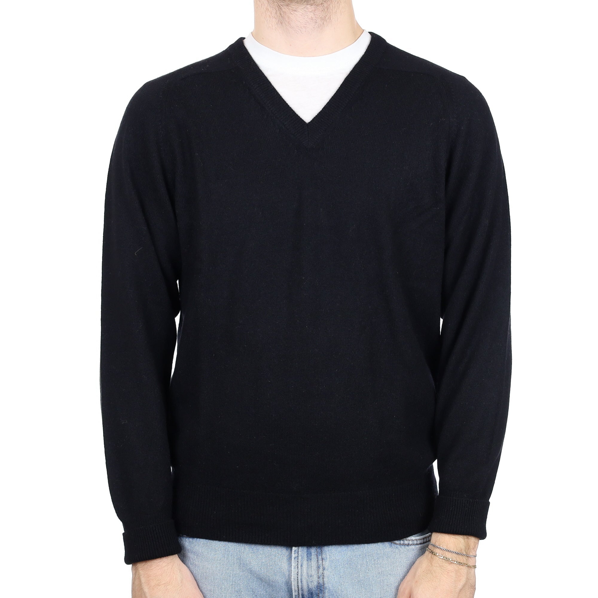 Men's Black Cashmere V Neck Jumper Large