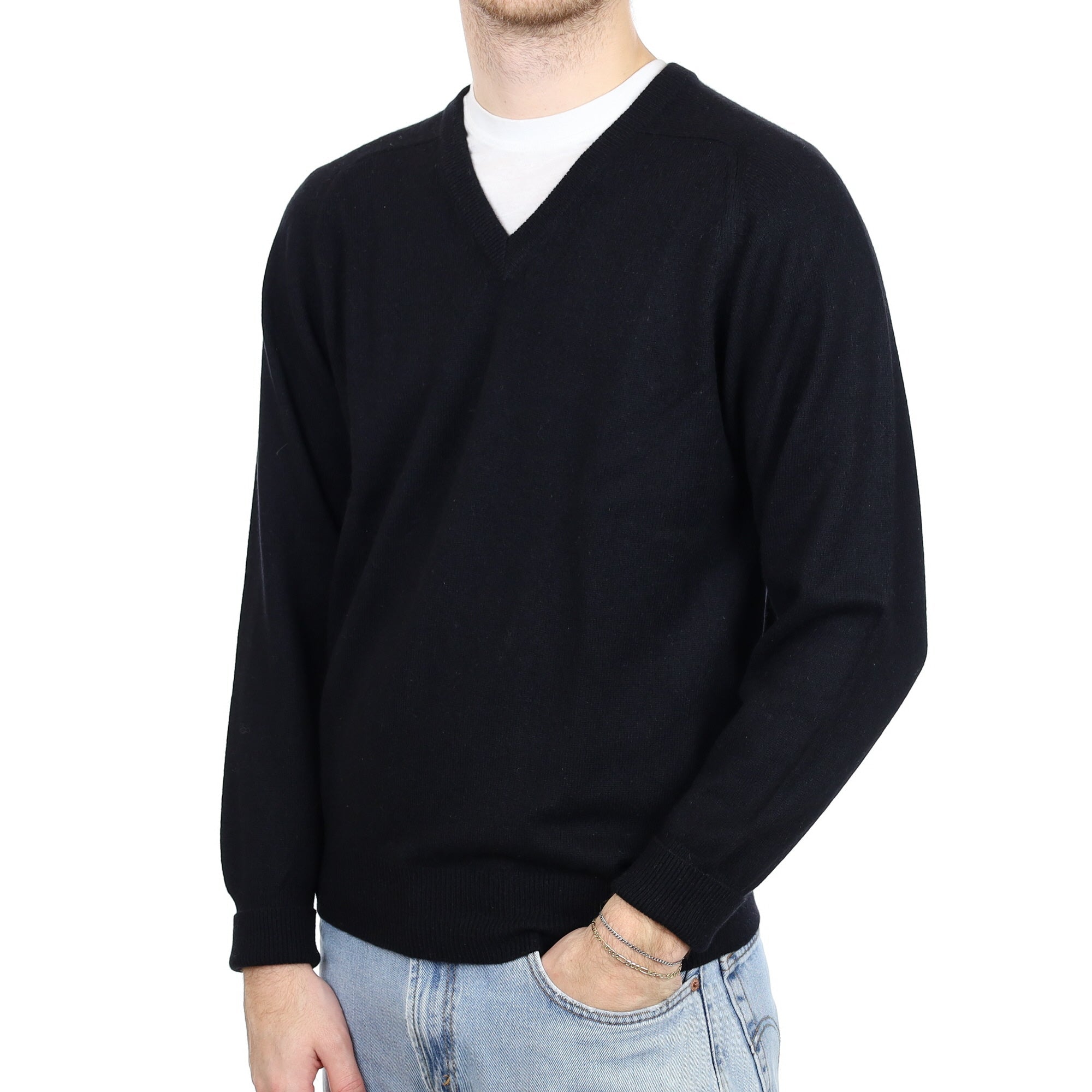 Men's Black Cashmere V Neck Jumper Large