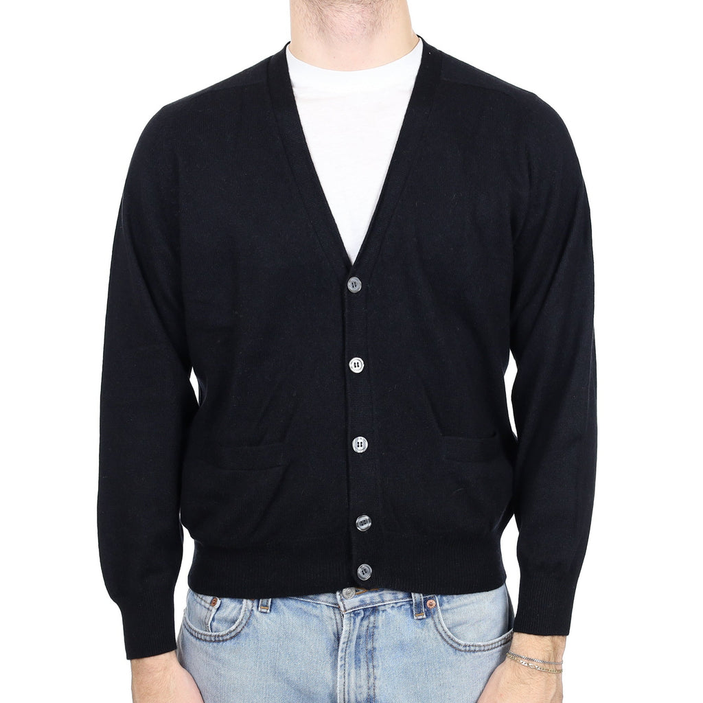 Men's Black Cashmere V Neck Cardigan with Pockets Large