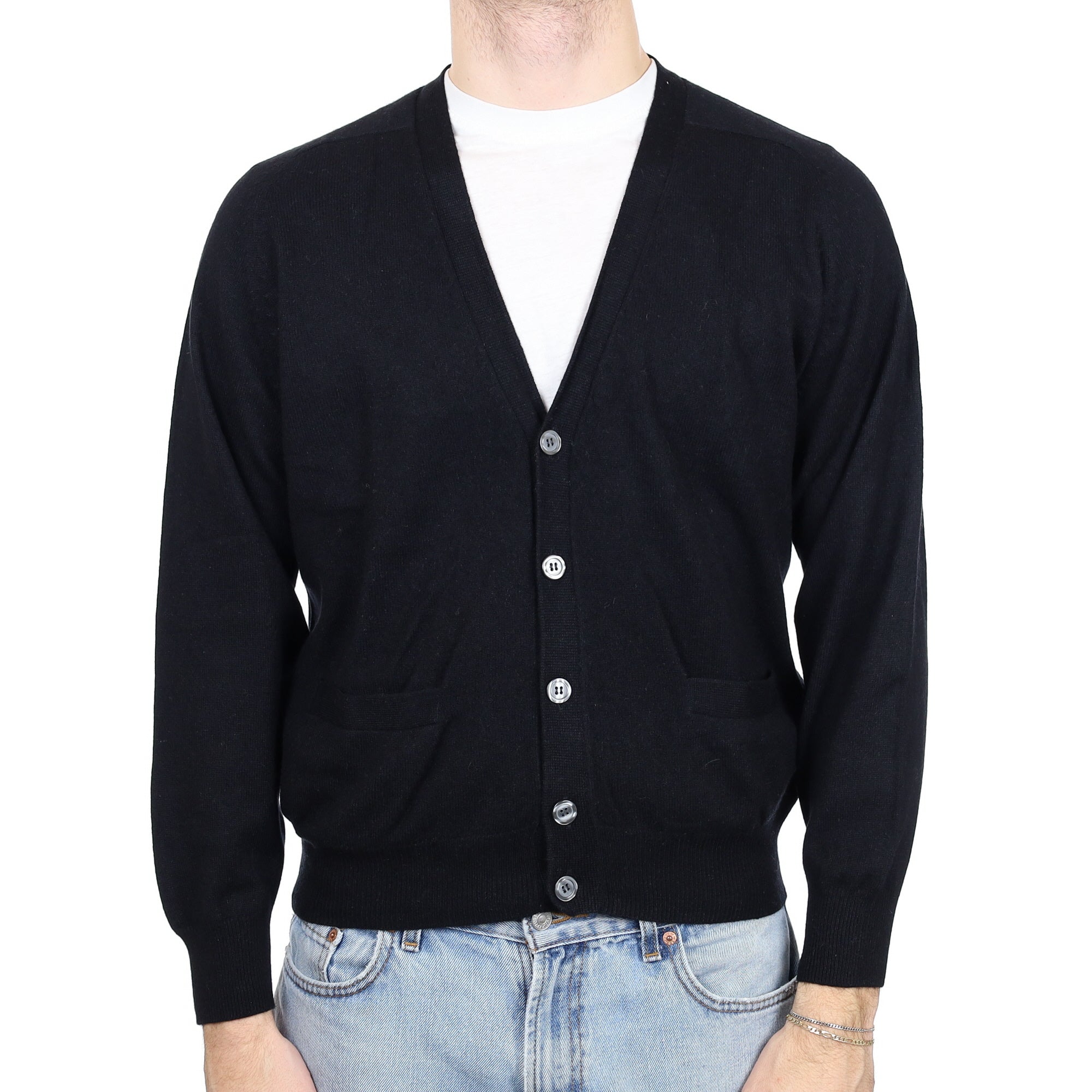 Men's Black Cashmere V Neck Cardigan with Pockets Large