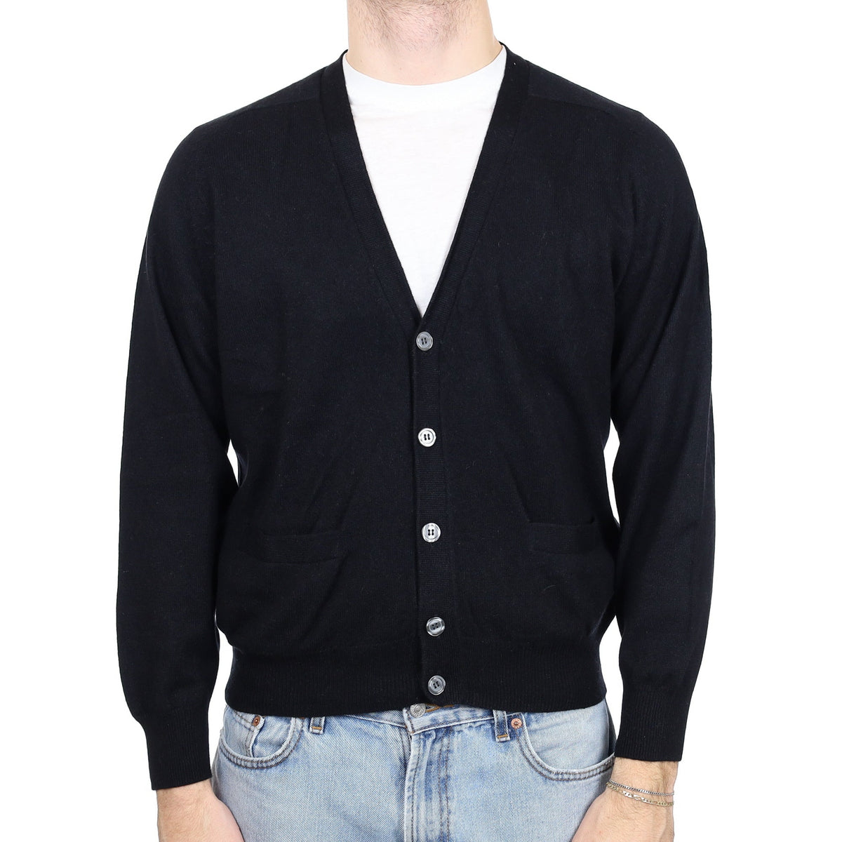 Men's Black Cashmere V Neck Cardigan with Pockets Large