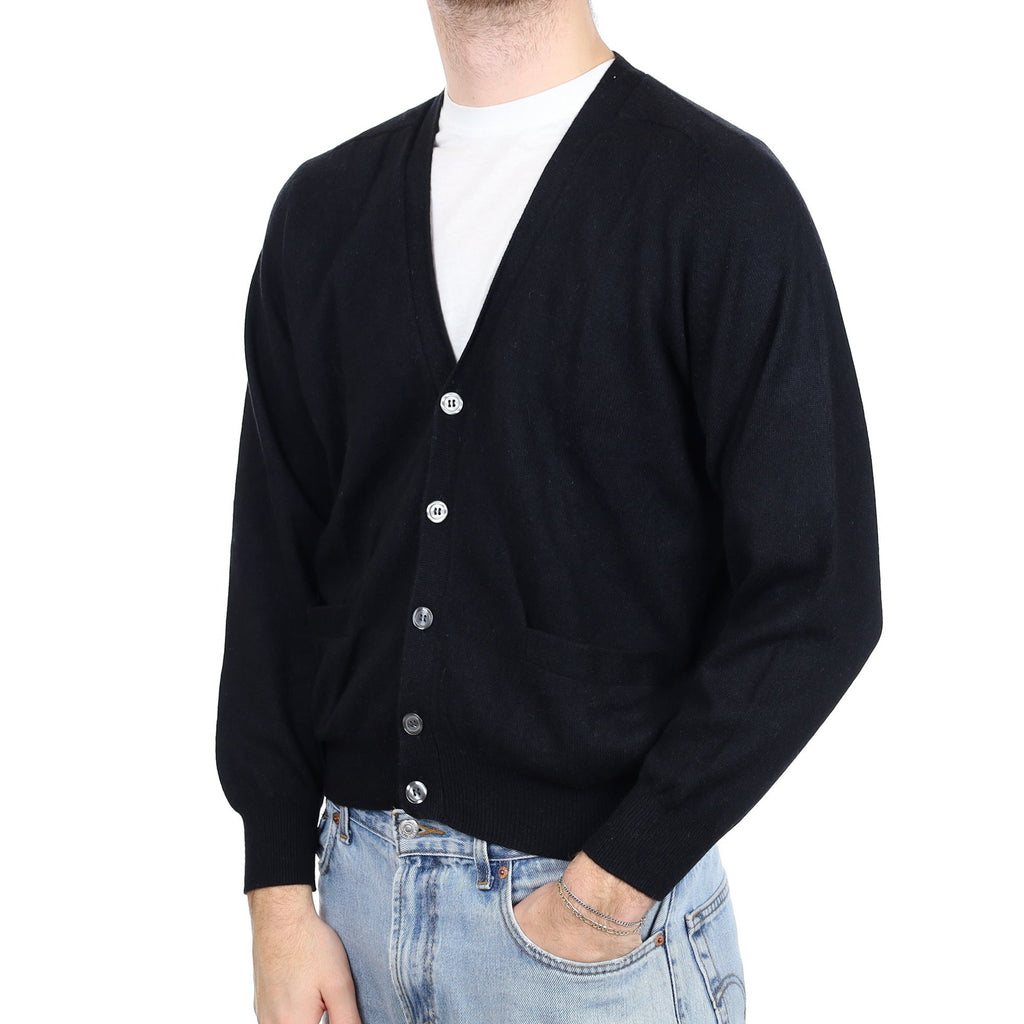Men's Black Cashmere V Neck Cardigan with Pockets Large