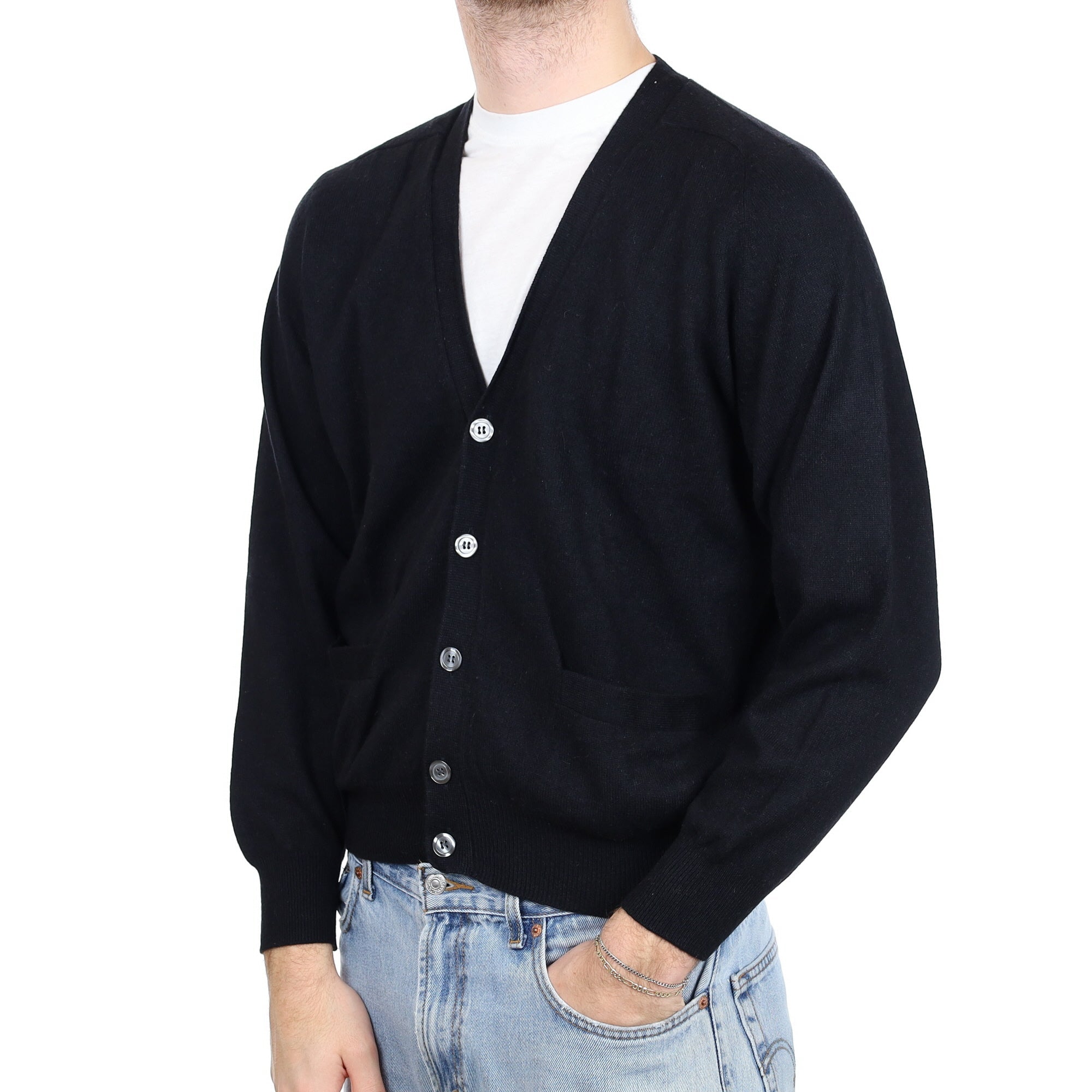 Men's Black Cashmere V Neck Cardigan with Pockets Large