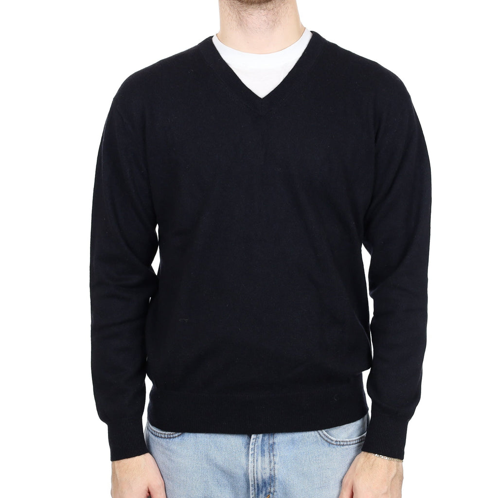 Men's Black Cashmere V Neck Jumper Large