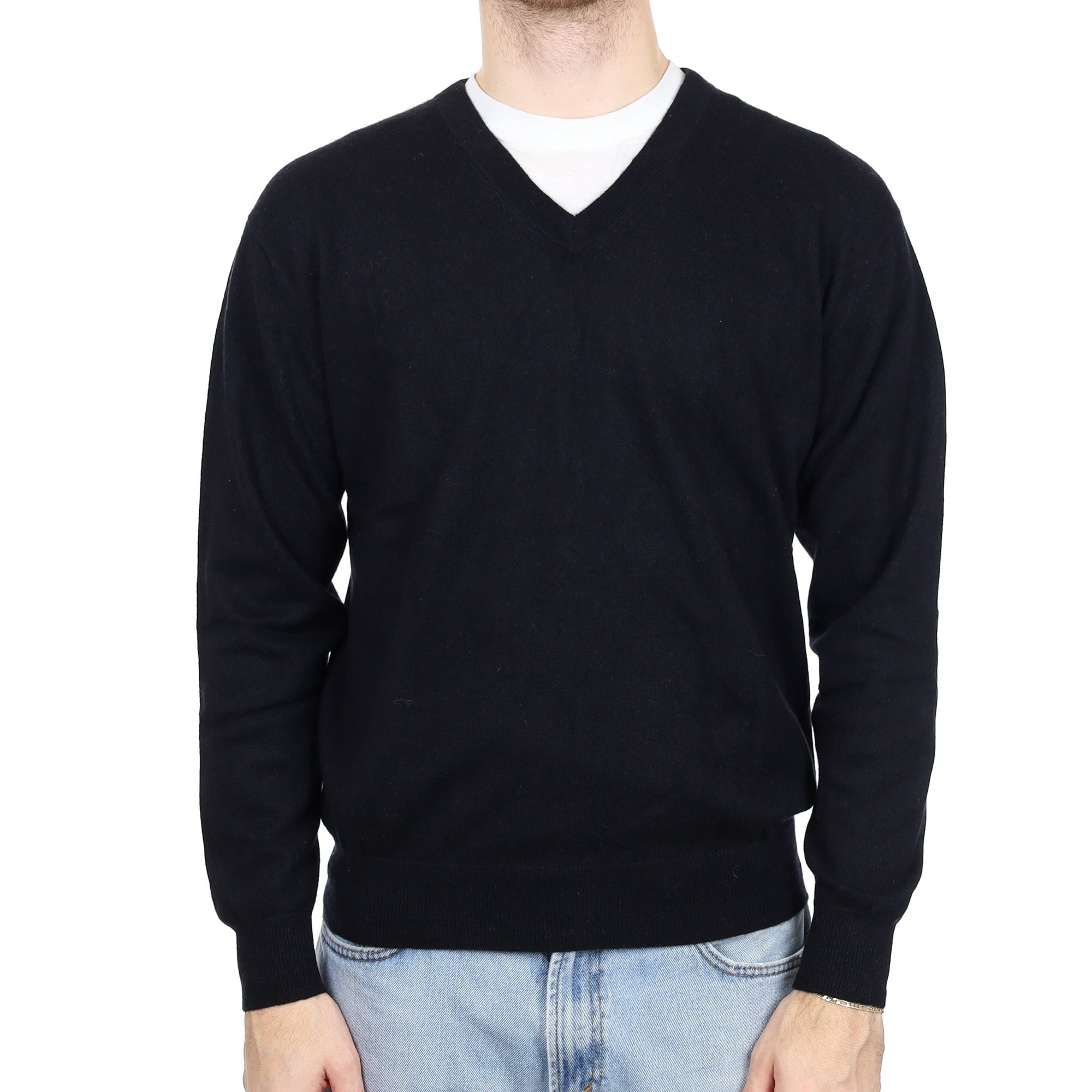 Men's Black Cashmere V Neck Jumper Large