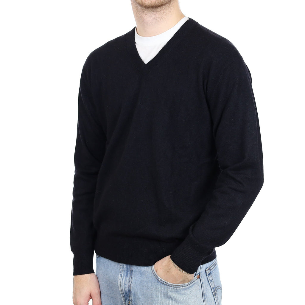 Men's Black Cashmere V Neck Jumper Large