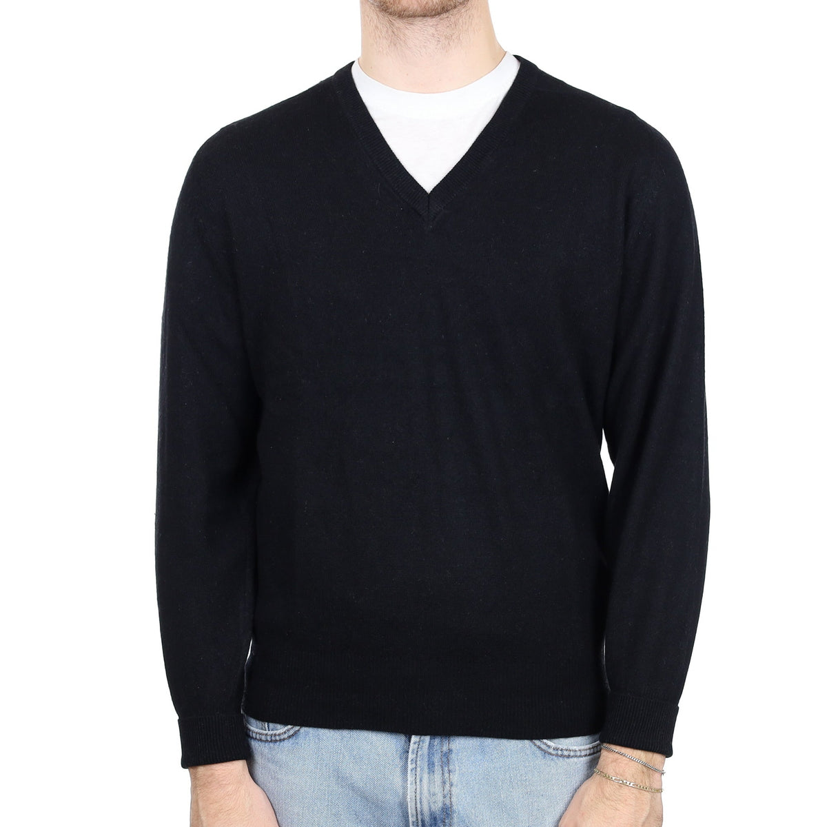 Men's Black Cashmere V Neck Jumper Large