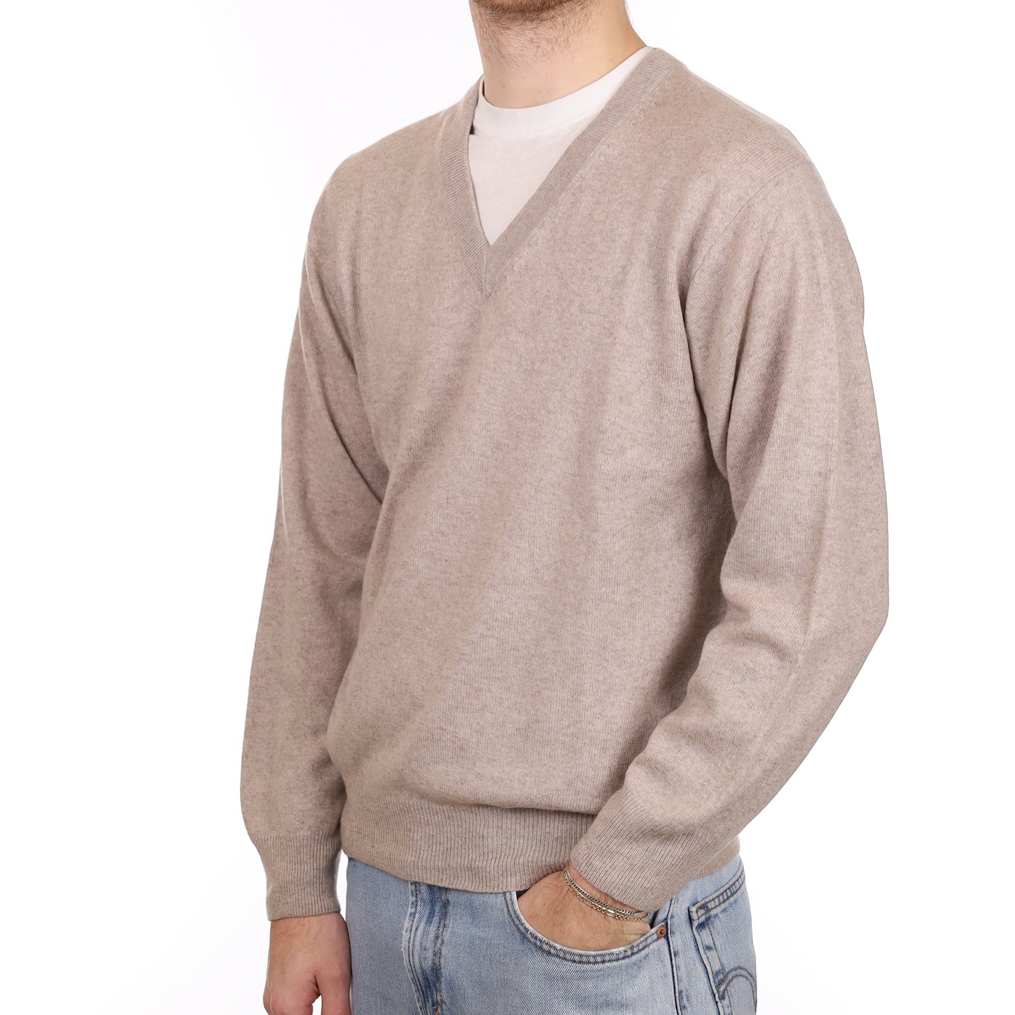 Men's Biscuit Brown Cashmere V Neck Jumper Large