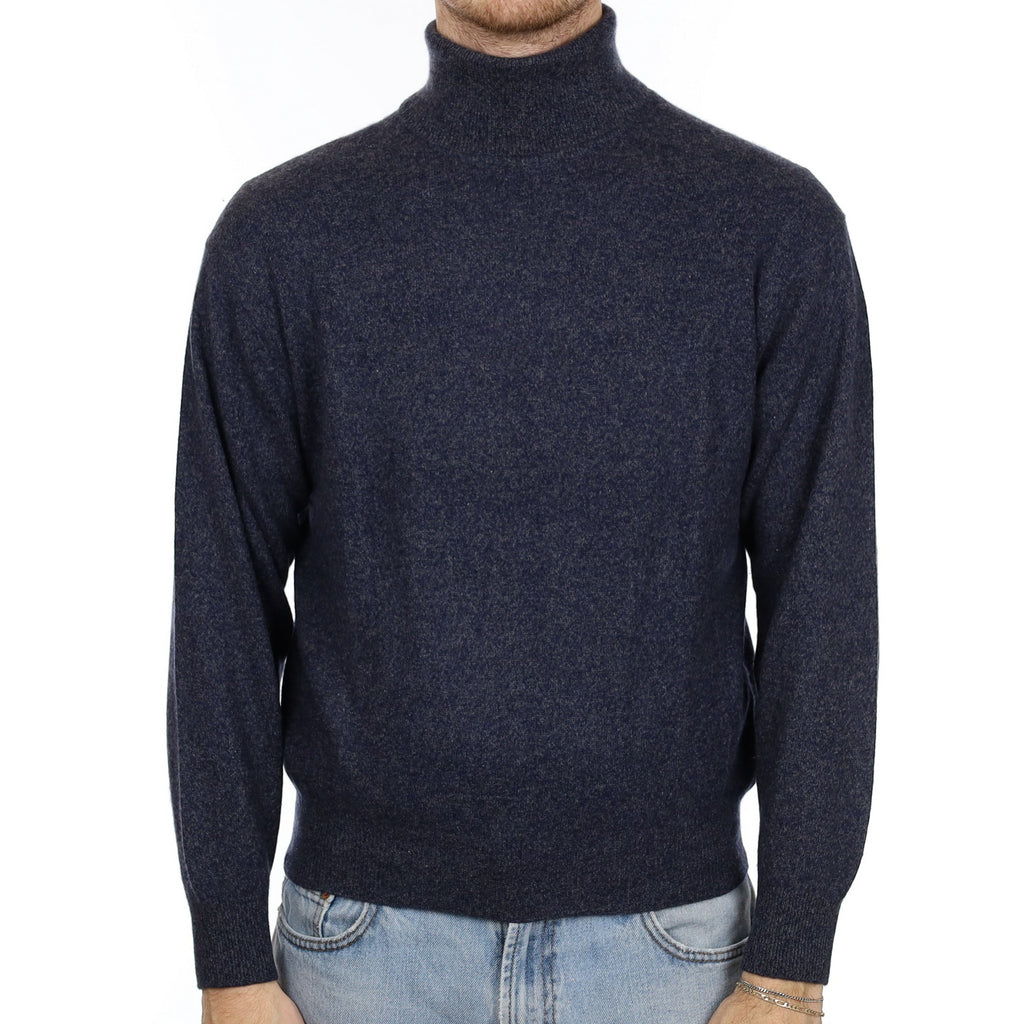 Men's Navy and Grey Marl Cashmere Polo Neck Jumper Large