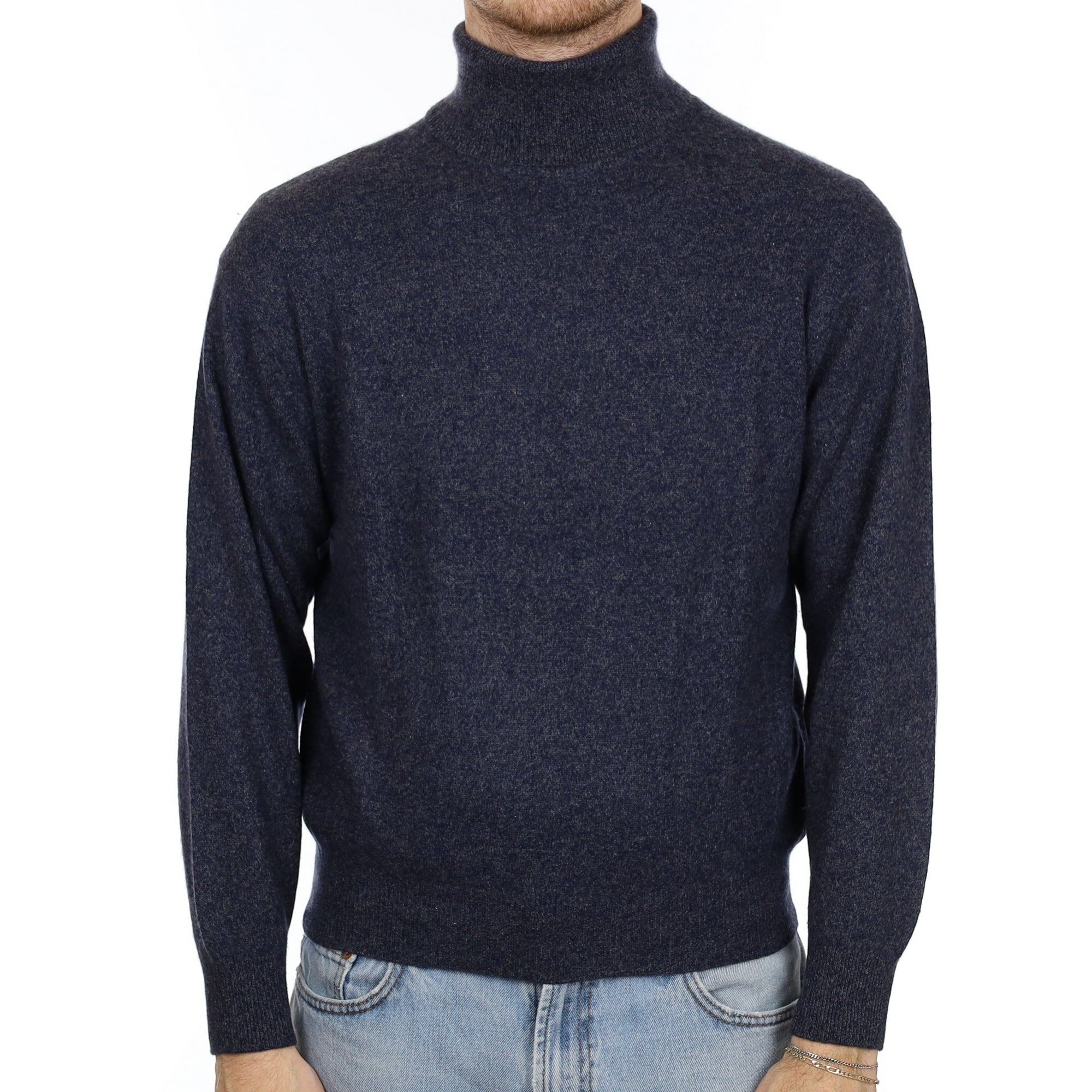 Men's Navy and Grey Marl Cashmere Polo Neck Jumper Large