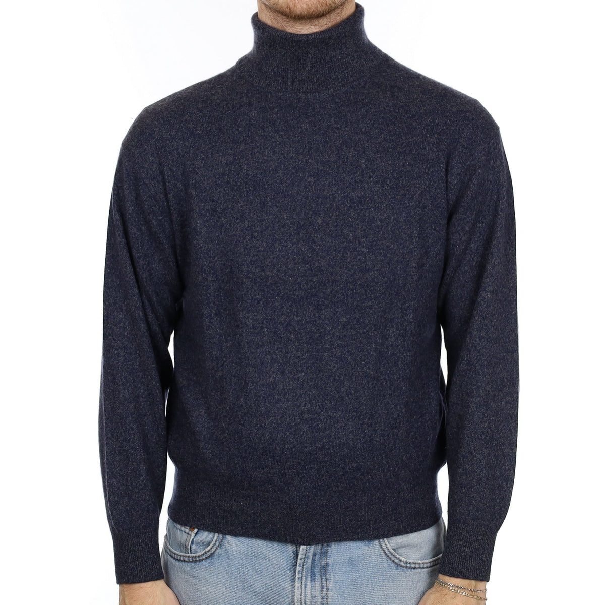 Men's Navy and Grey Marl Cashmere Polo Neck Jumper Large