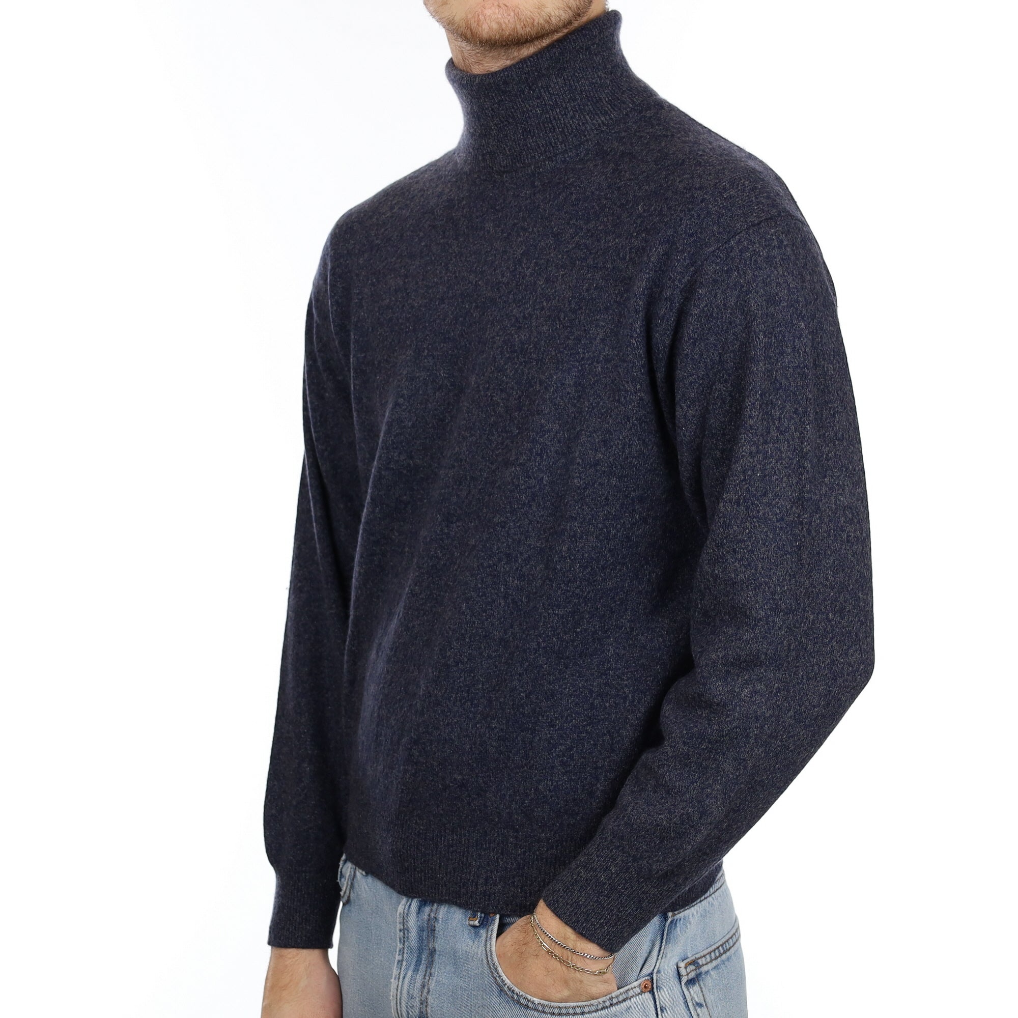 Men's Navy and Grey Marl Cashmere Polo Neck Jumper Large