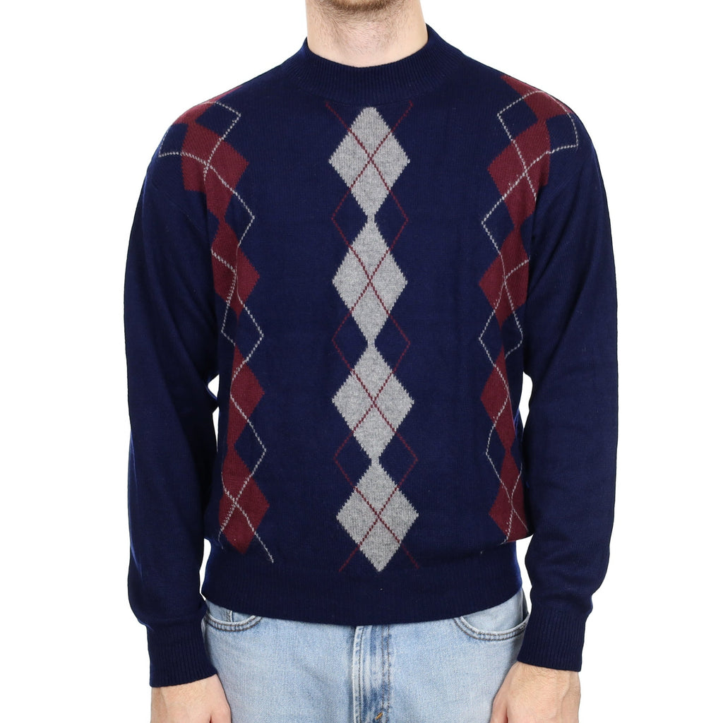 Men's Navy Burgundy Diamond Cashmere Turtle Neck Jumper Large