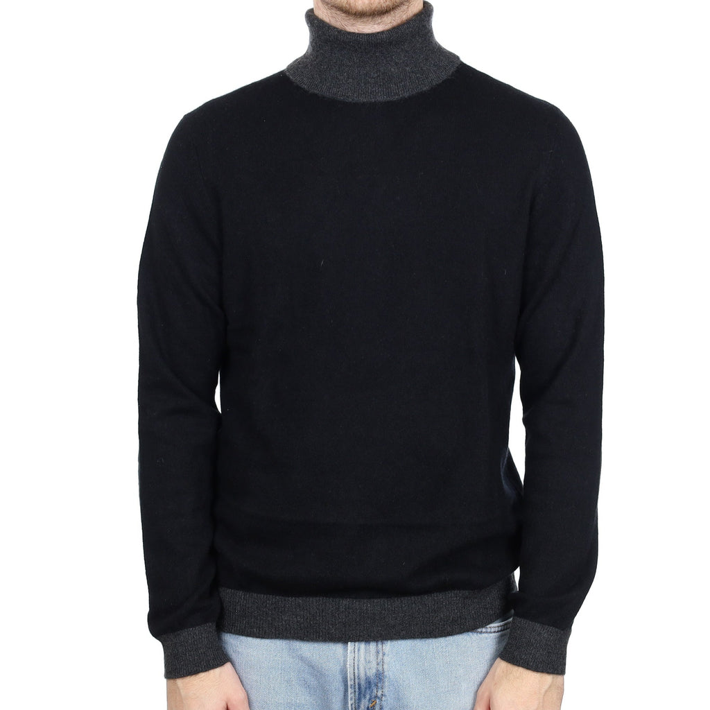 Men's Black and Charcoal Cashmere Polo Neck Jumper Large