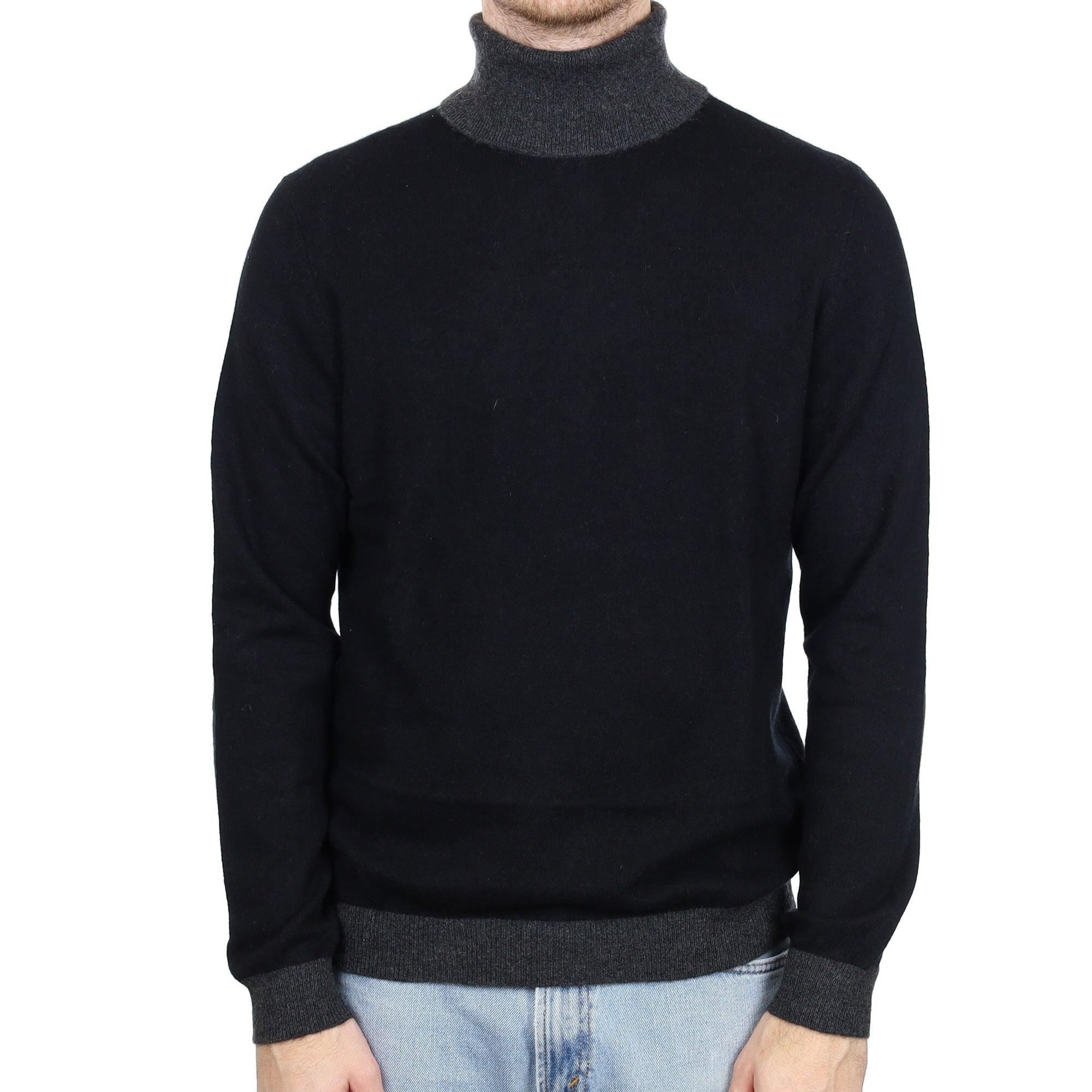 Men's Black and Charcoal Cashmere Polo Neck Jumper Large